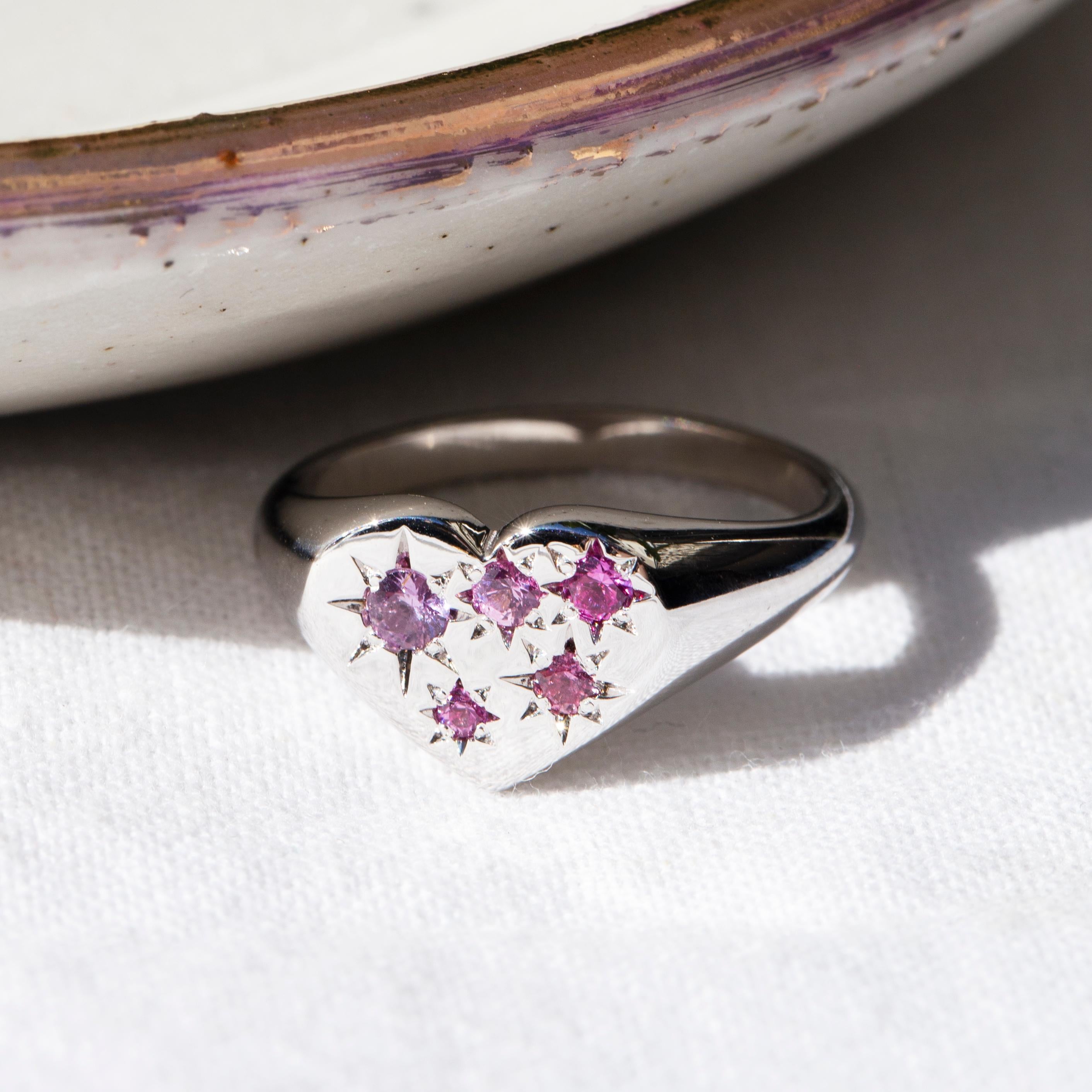 Modern Reinvented Vintage Pink & Purple Sapphire Heart Signet Ring 9 Carat White Gold For Sale