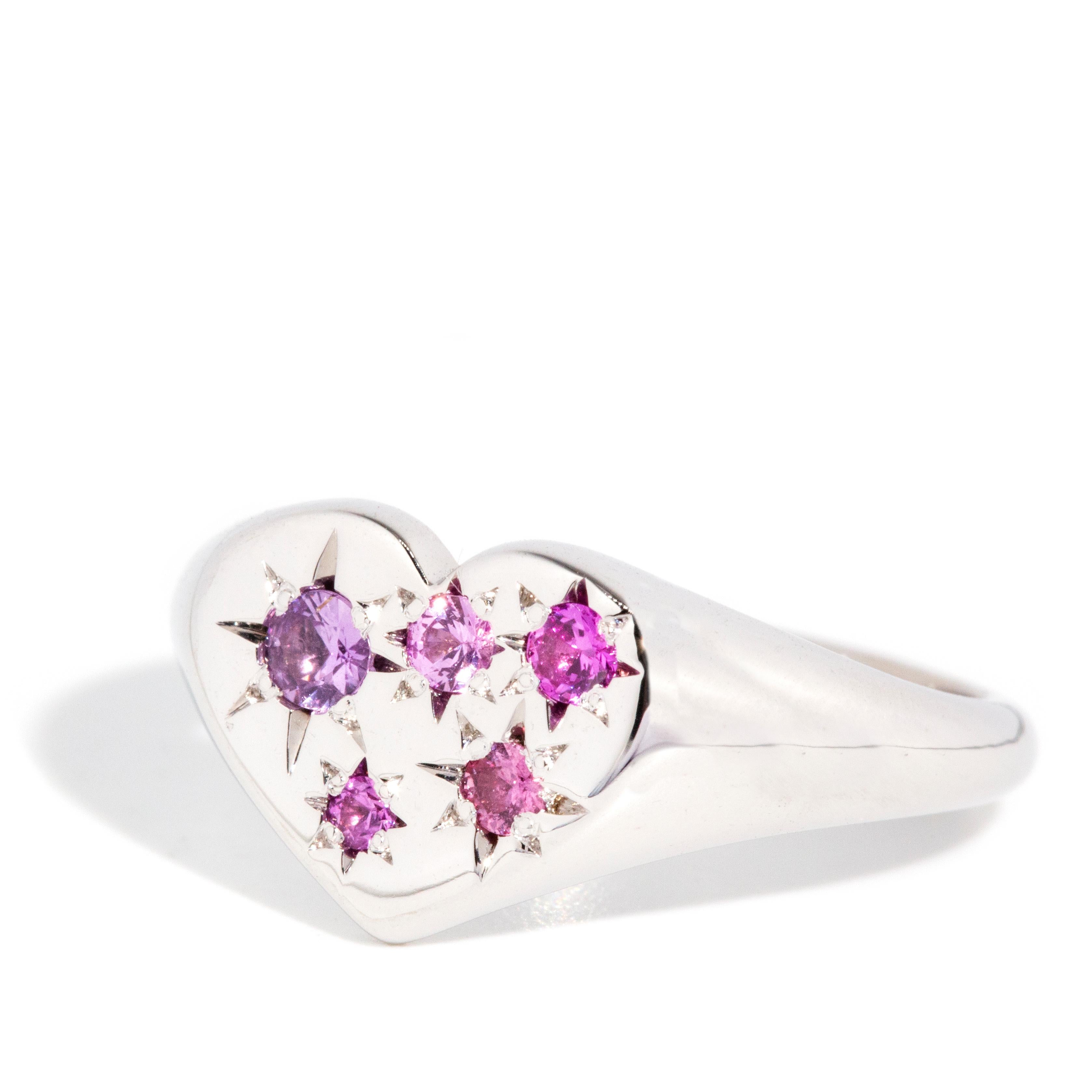 Round Cut Reinvented Vintage Pink & Purple Sapphire Heart Signet Ring 9 Carat White Gold For Sale