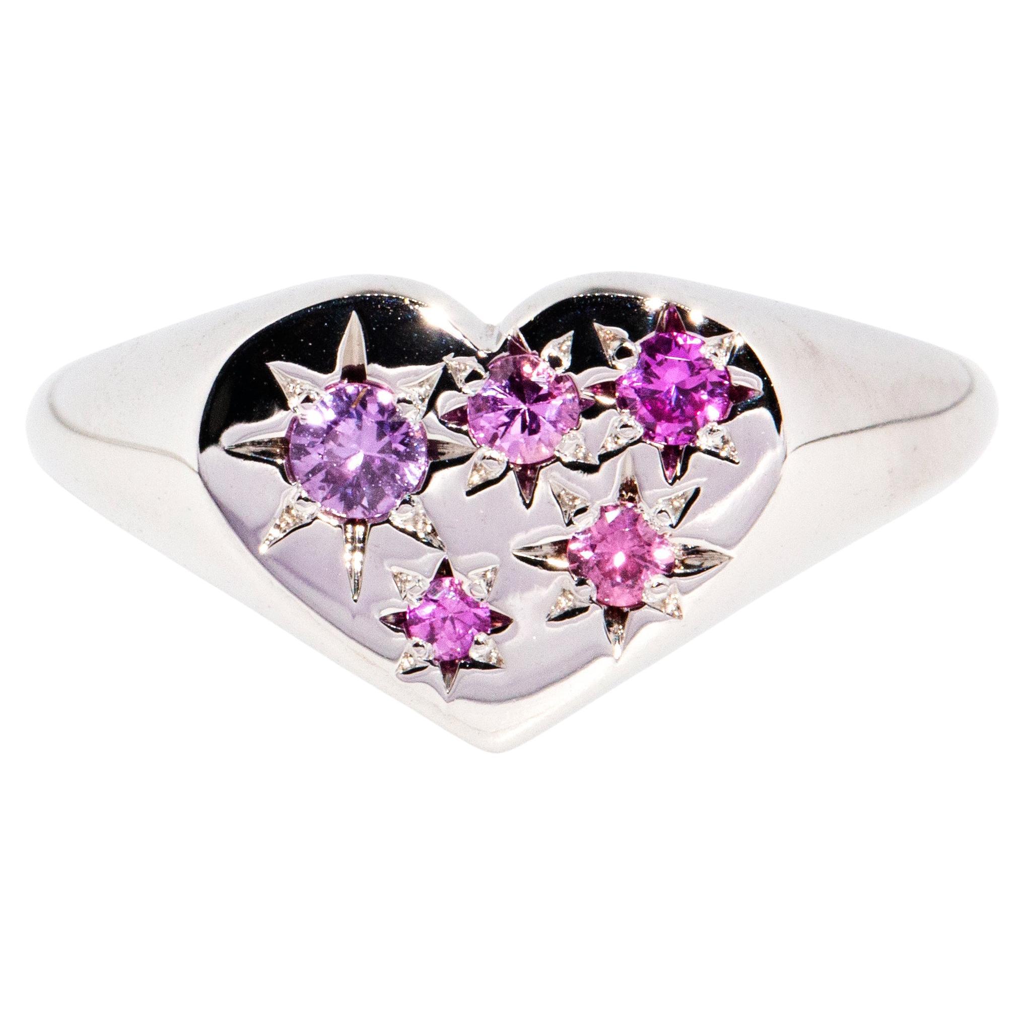 Reinvented Vintage Pink & Purple Sapphire Heart Signet Ring 9 Carat White Gold For Sale