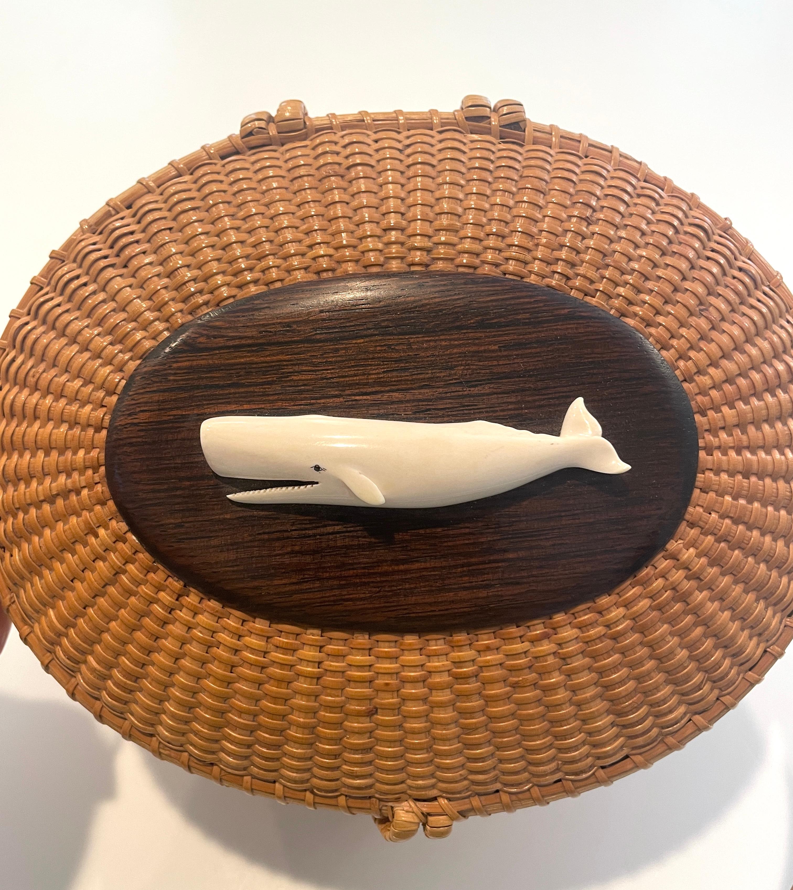 Nantucket Lighthouse Basket Purse by Reis, vintage 1972 w/ carved whale, signed 1