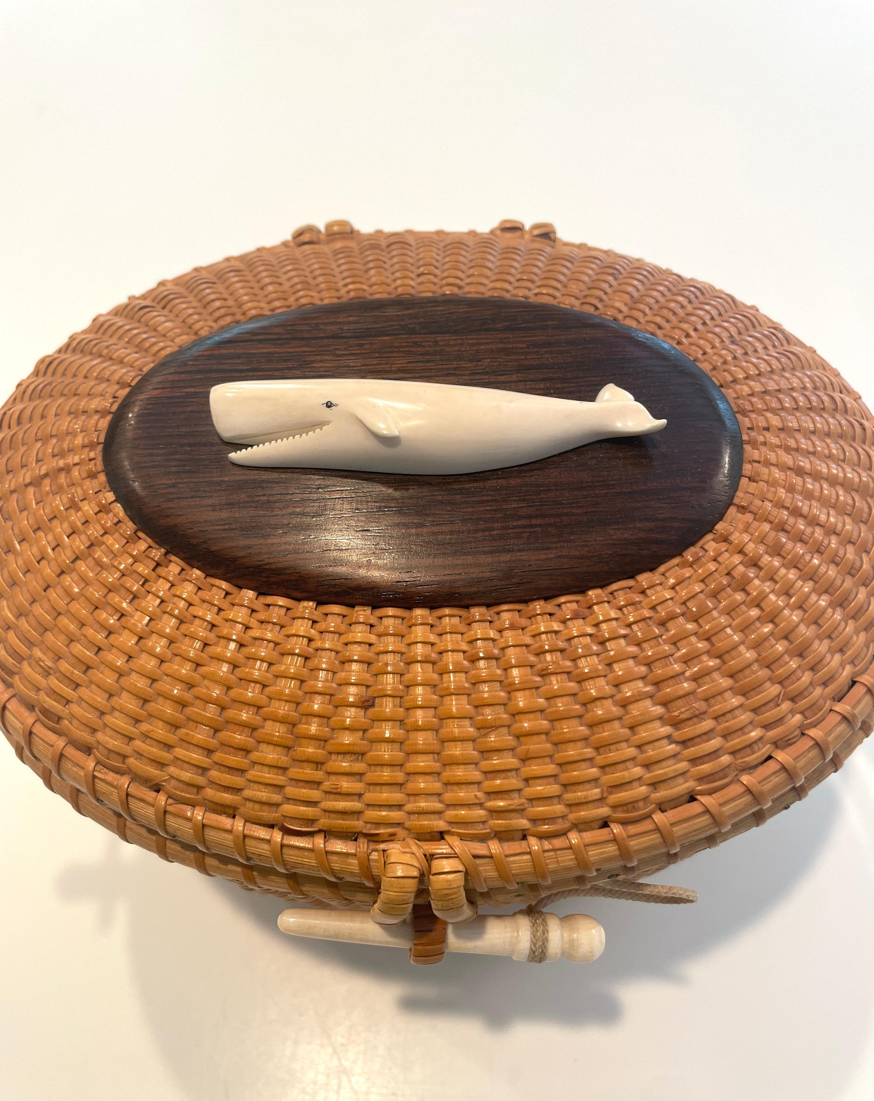 Nantucket Lighthouse Basket Purse by Reis, vintage 1972 w/ carved whale, signed 2