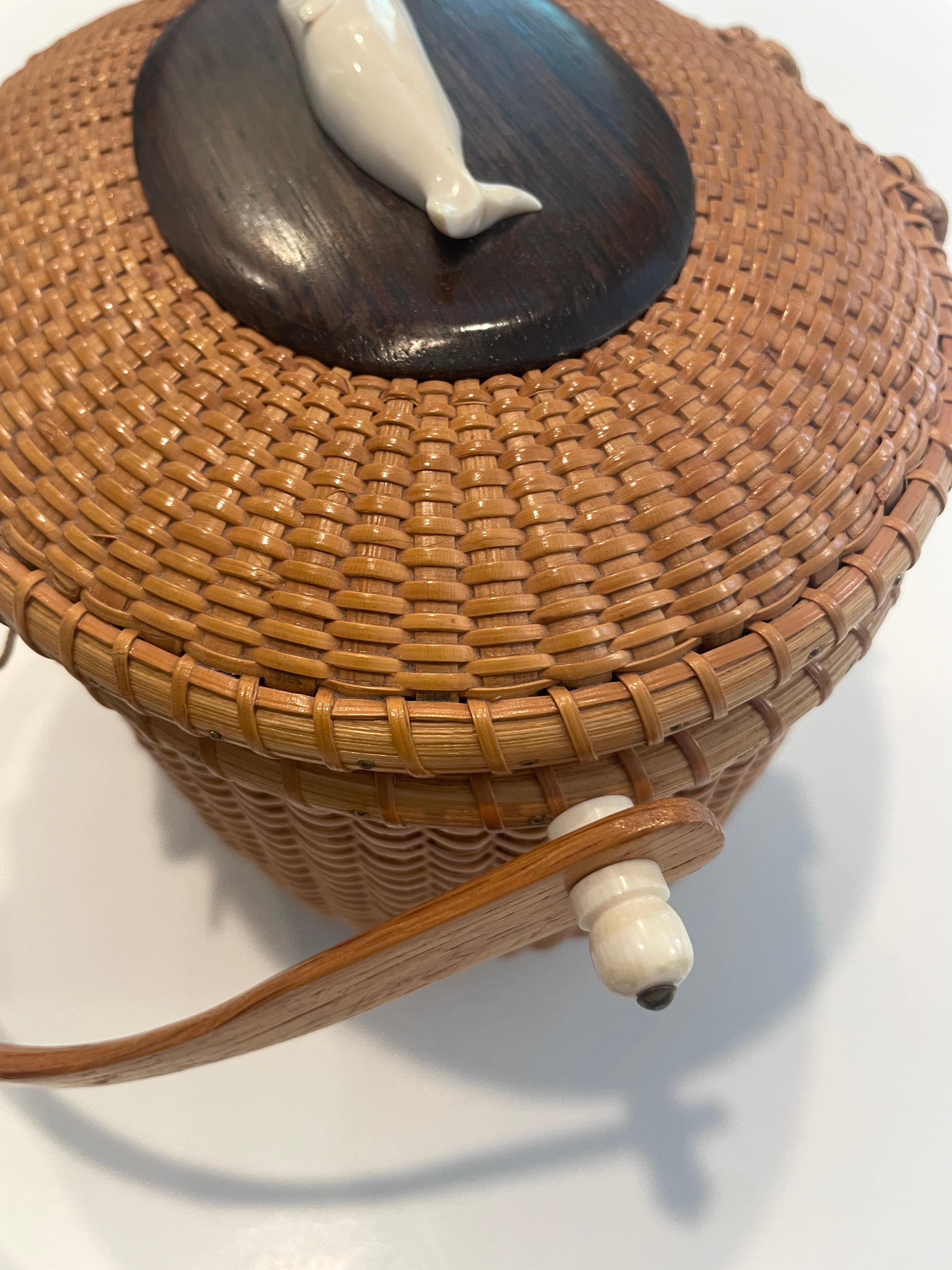 Nantucket Lighthouse Basket Purse by Reis, vintage 1972 w/ carved whale, signed 7