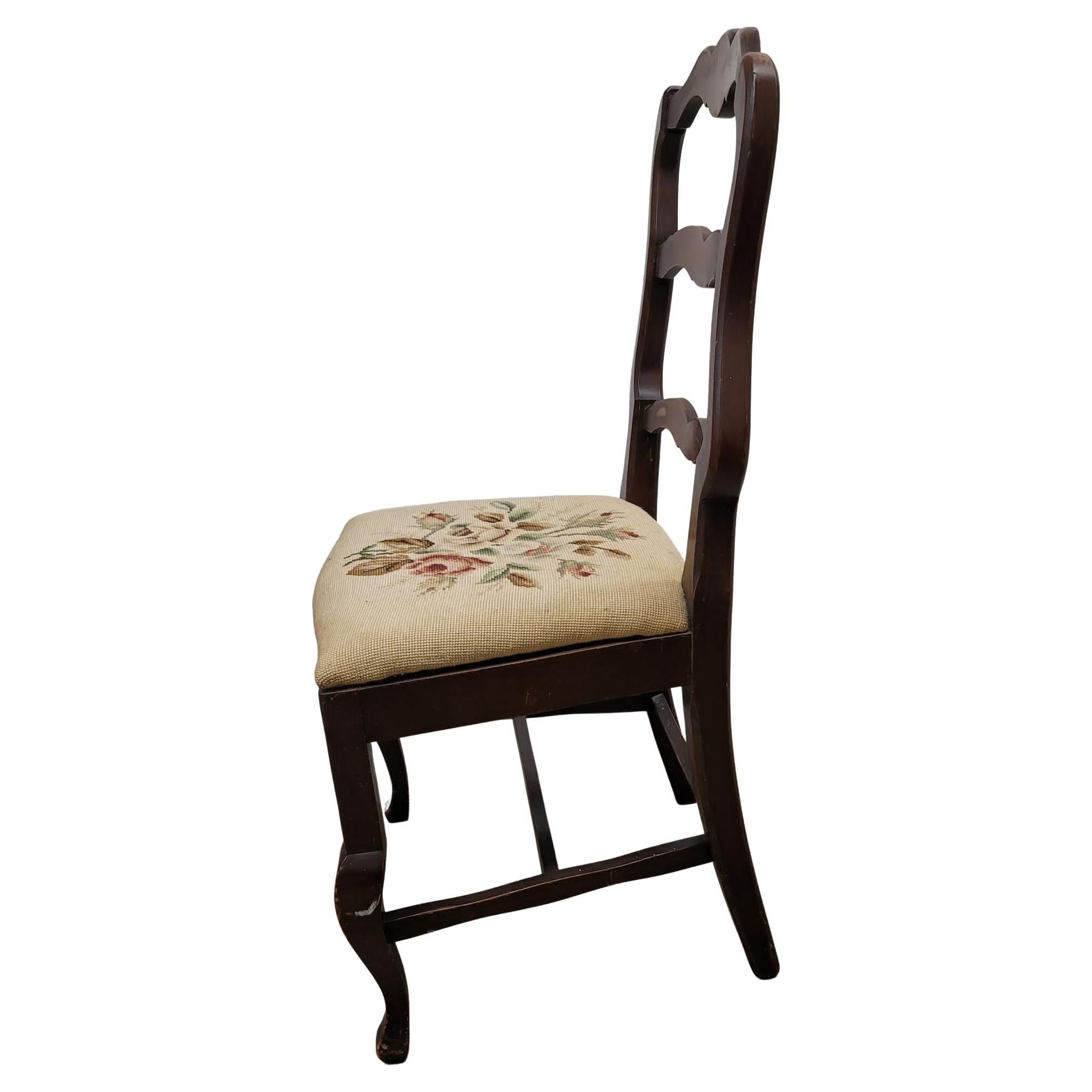 American Reischman Furniture Ladder Back Mahogany Needlepoint Upholstered Chair For Sale