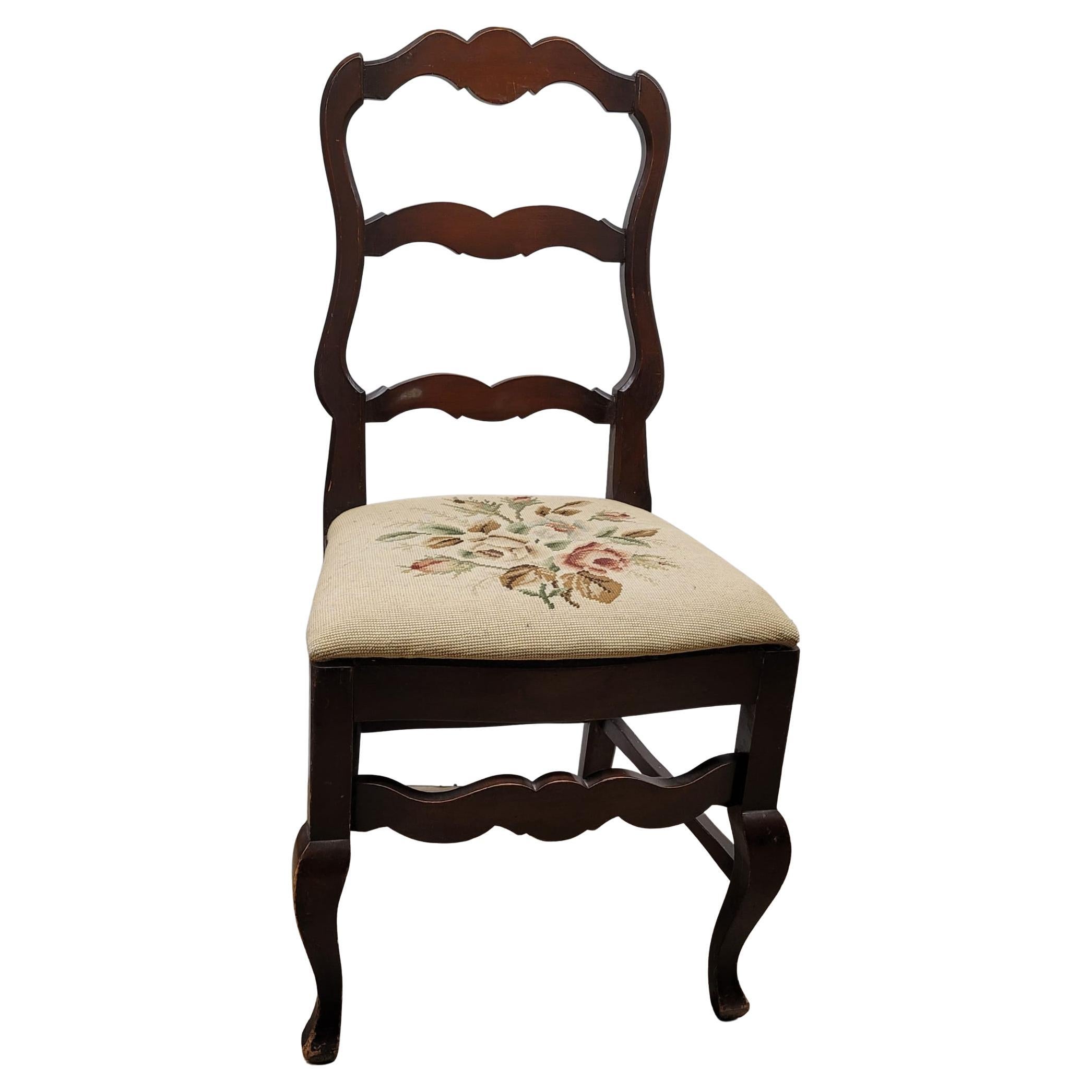 Reischman Furniture Ladder Back Mahogany Needlepoint Upholstered Chair For Sale