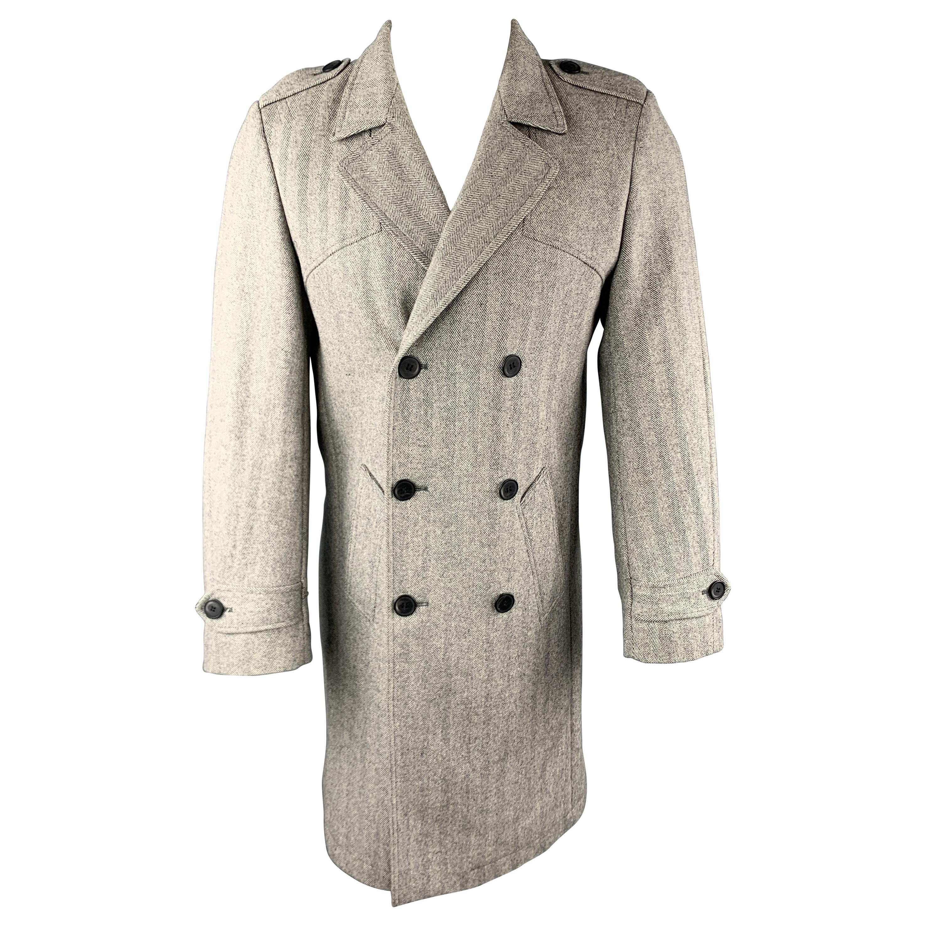 REISS Size S Grey Herringbone Wool Blend Double Breasted Epaulette Coat