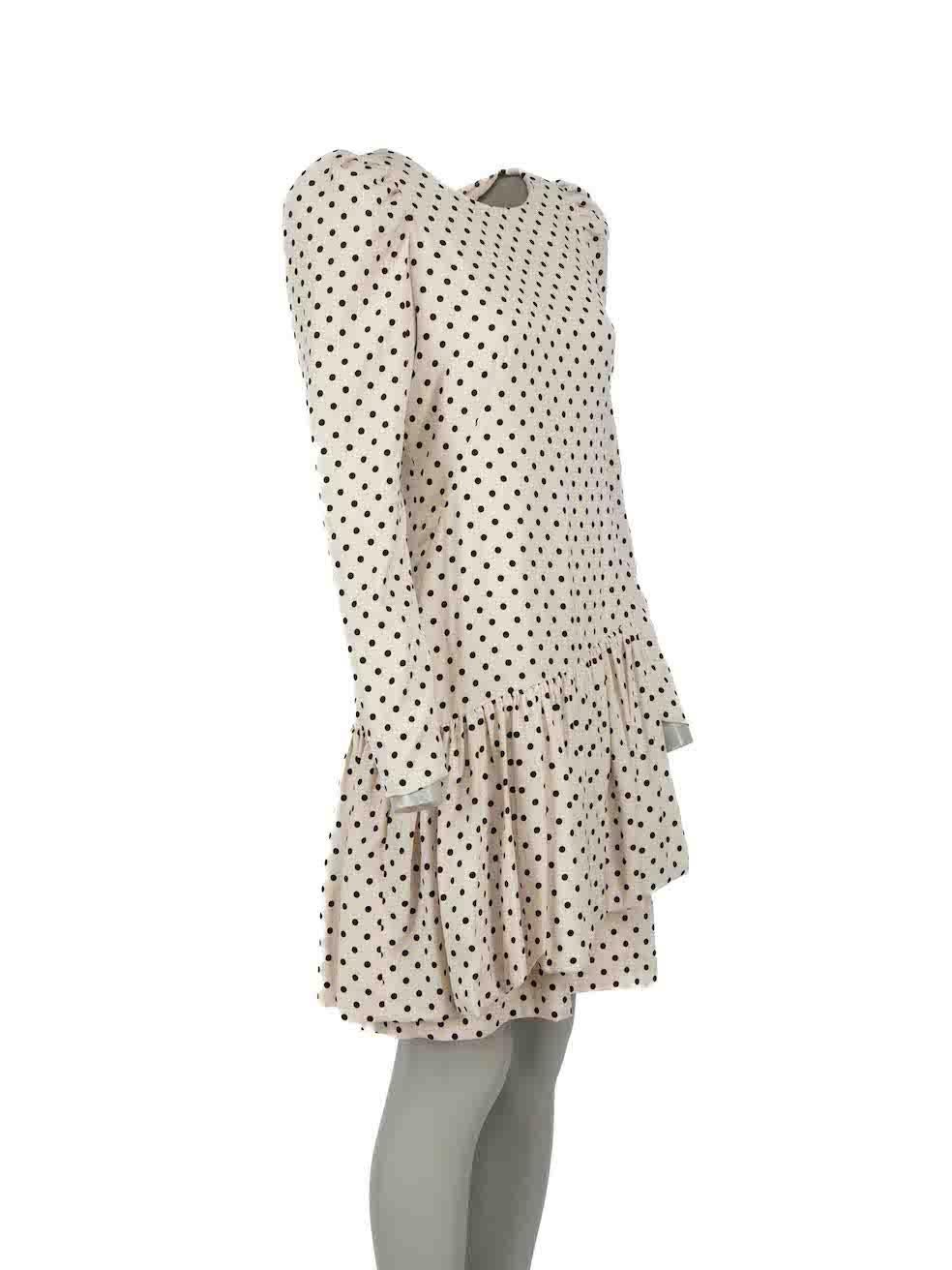 CONDITION is Never worn, with tags. No visible wear to dress is evident on this new Rejina Pyo designer resale item.
 
Details
Cream
Polyester
Knee length dress
Polkadot pattern
Round neckline
Buttoned cuff
Asymmetric hem
Back zip closure with hook