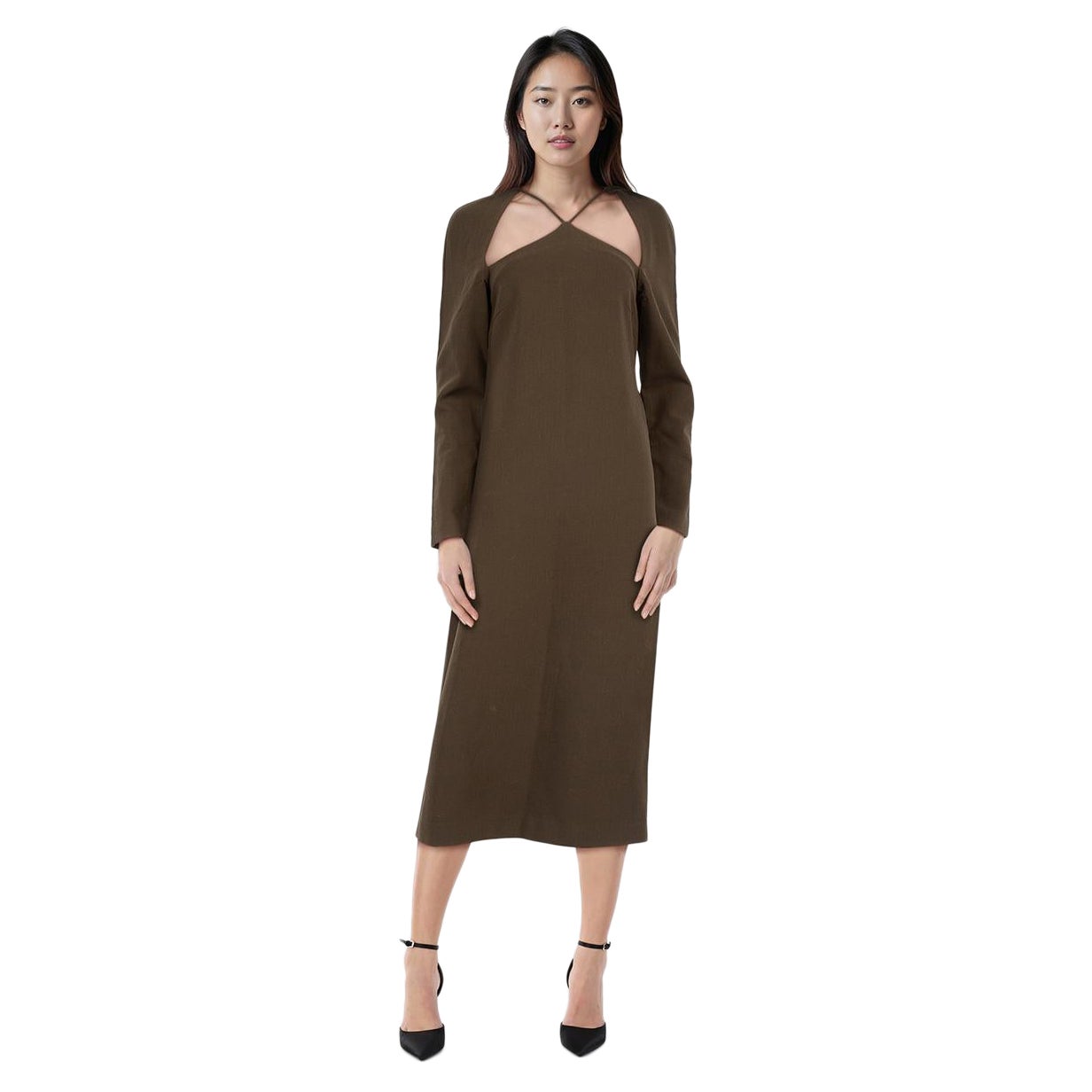 Rejina Pyo Khaki Wool Cut Out Midi Dress Size M