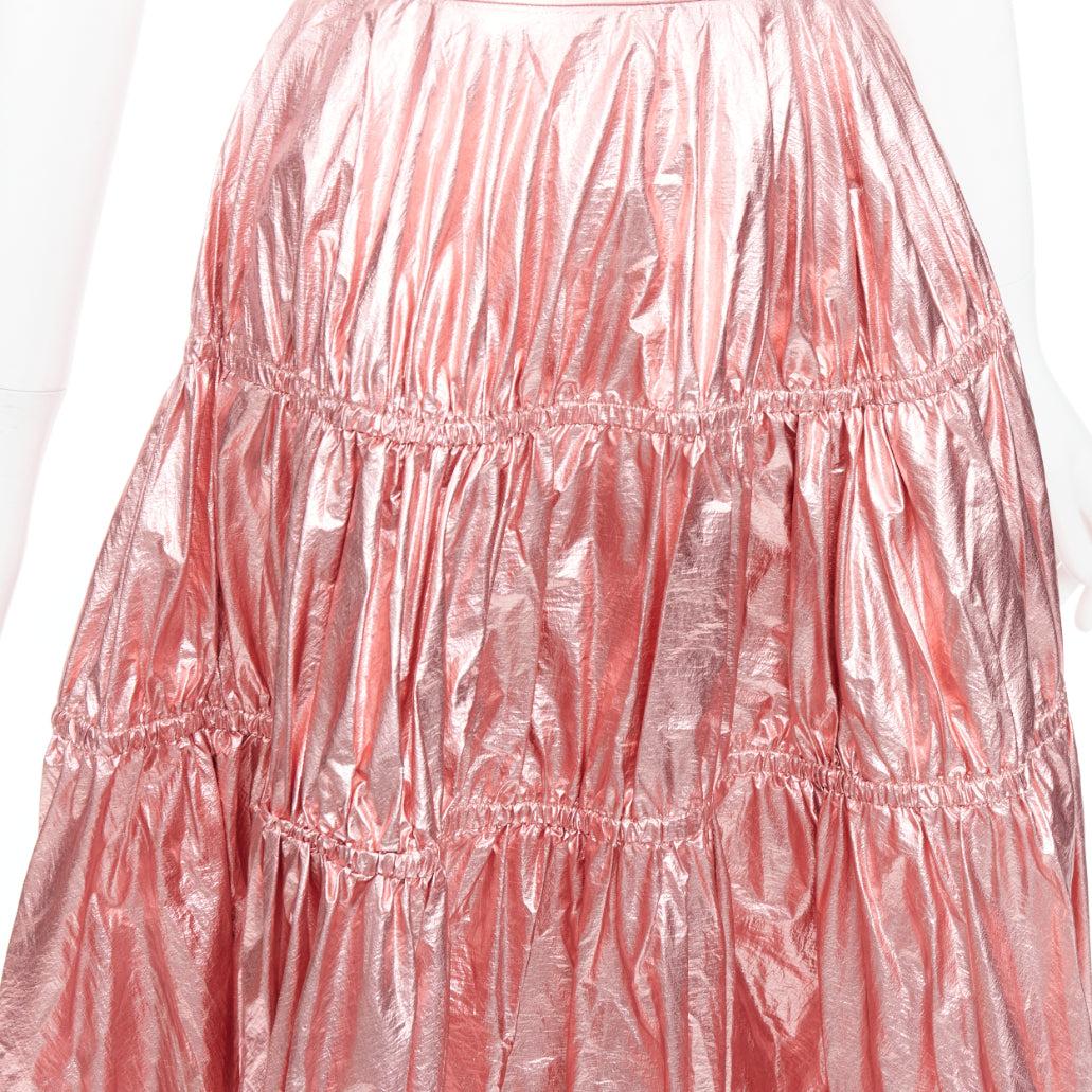 REJINA PYO metallic pink nylon high waist tiered A-line skirt UK6 XS
Reference: CNLE/A00391
Brand: Rejina Pyo
Material: Nylon
Color: Pink
Pattern: Solid
Closure: Zip
Lining: Pink Fabric
Extra Details: Back zip.
Made in: Korea

CONDITION:
Condition: