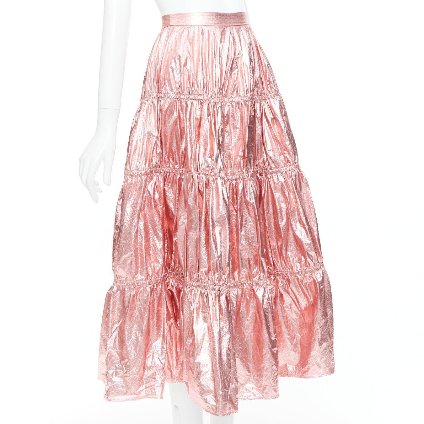 Beige REJINA PYO metallic pink nylon high waist tiered A-line skirt UK6 XS For Sale