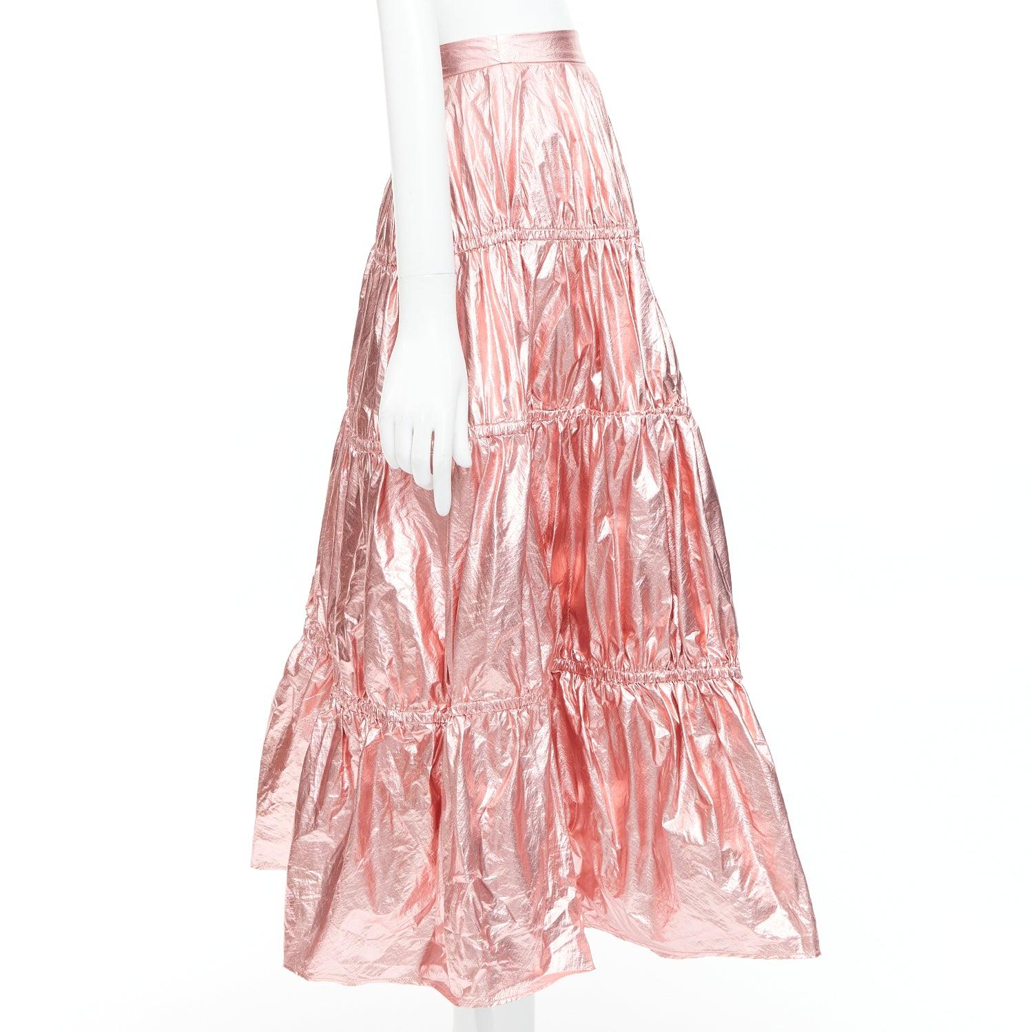 REJINA PYO metallic pink nylon high waist tiered A-line skirt UK6 XS In Excellent Condition For Sale In Hong Kong, NT