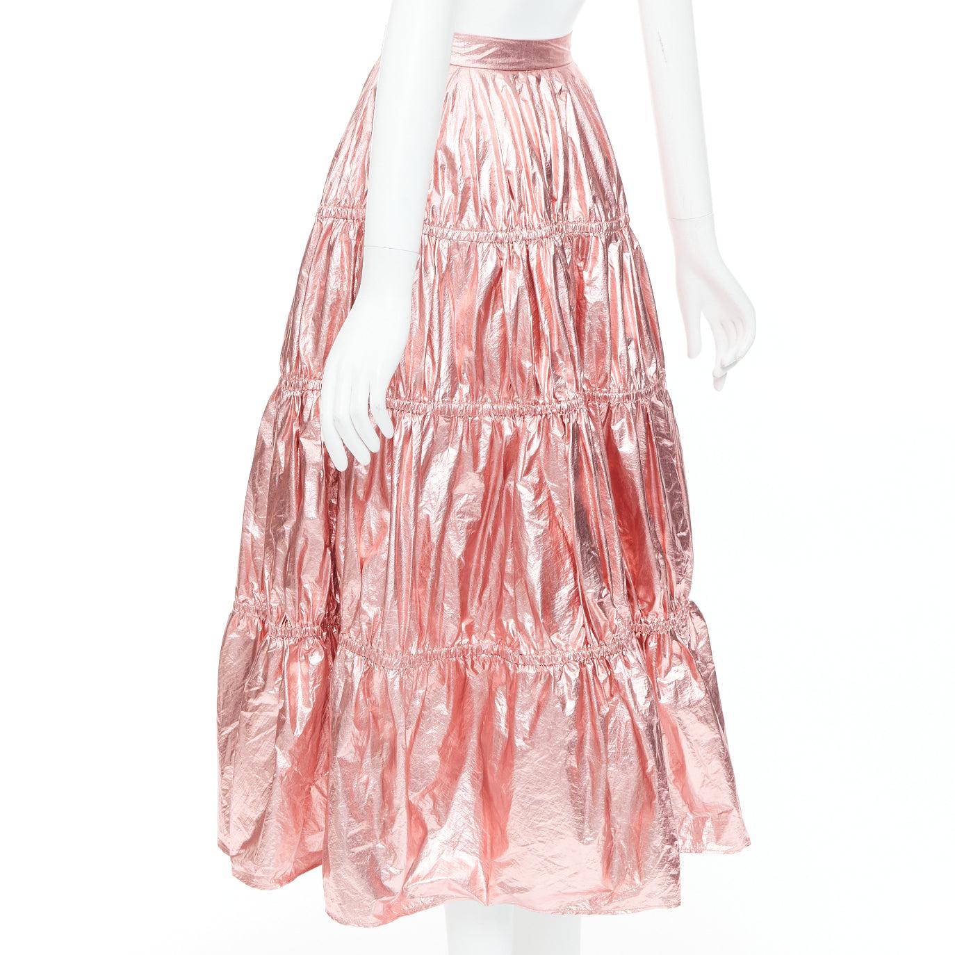 REJINA PYO metallic pink nylon high waist tiered A-line skirt UK6 XS For Sale 1