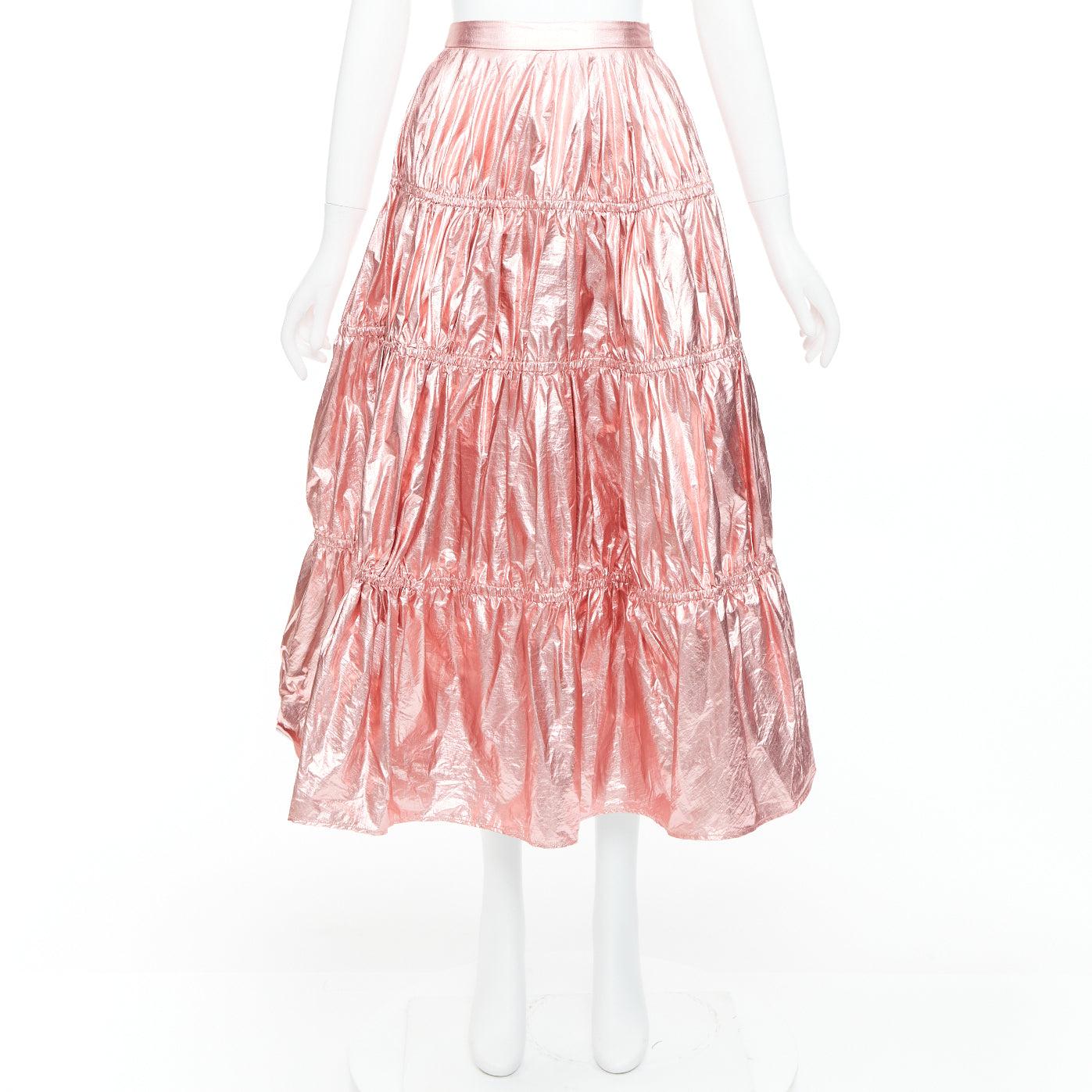 REJINA PYO metallic pink nylon high waist tiered A-line skirt UK6 XS For Sale 4