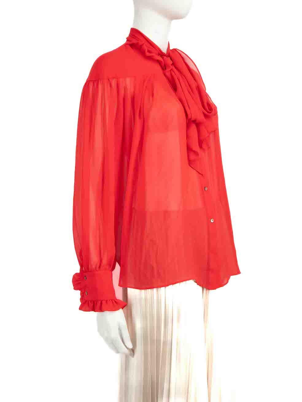 CONDITION is Very good. Minimal wear to shirt is evident. Minimal discolouration to edge of neck tie on this used Rejina Pyo designer resale item.
 
 
 
 Details
 
 
 Red
 
 Polyester
 
 Blouse
 
 Sheer
 
 Long sleeves
 
 Button up fastening
 
