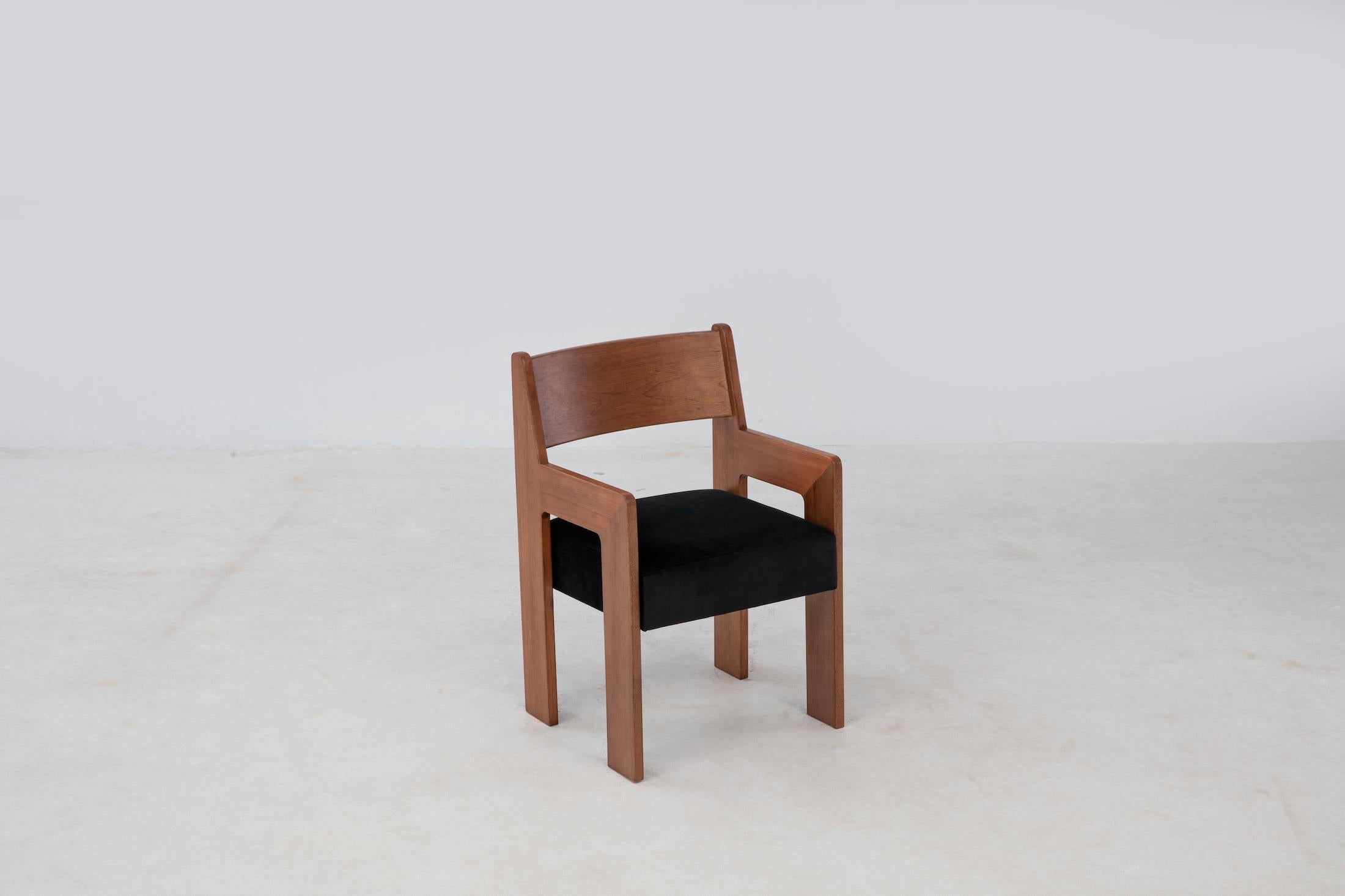 Contemporary Reka Armchair, Minimalist Velvet and Wood Dining Chair in Amber/Black For Sale