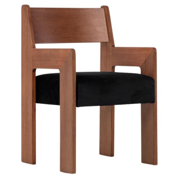 Reka Armchair, Minimalist Velvet and Wood Dining Chair in Amber/Black For Sale