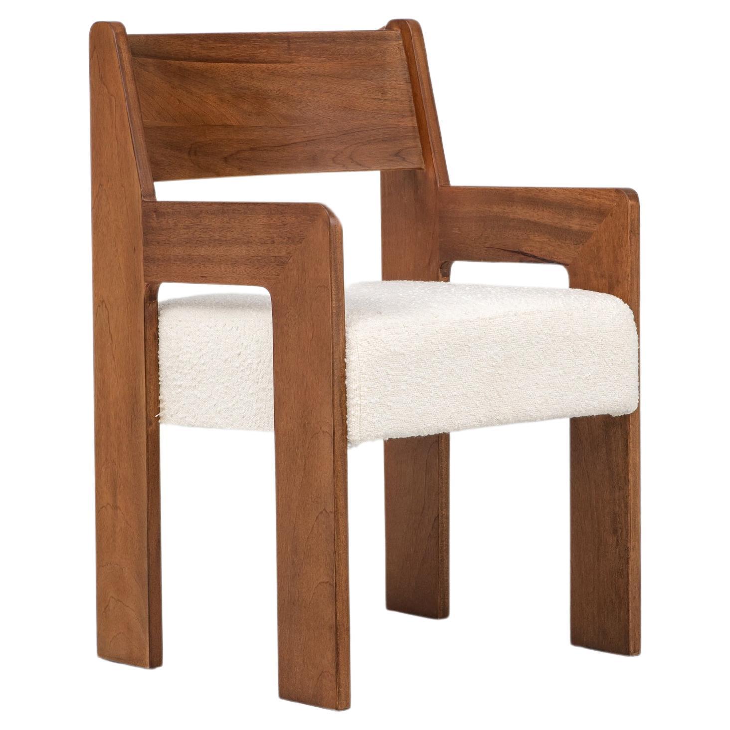 Reka Armchair, Minimalist Velvet and Wood Dining Chair in Amber/Cream Bouclé For Sale