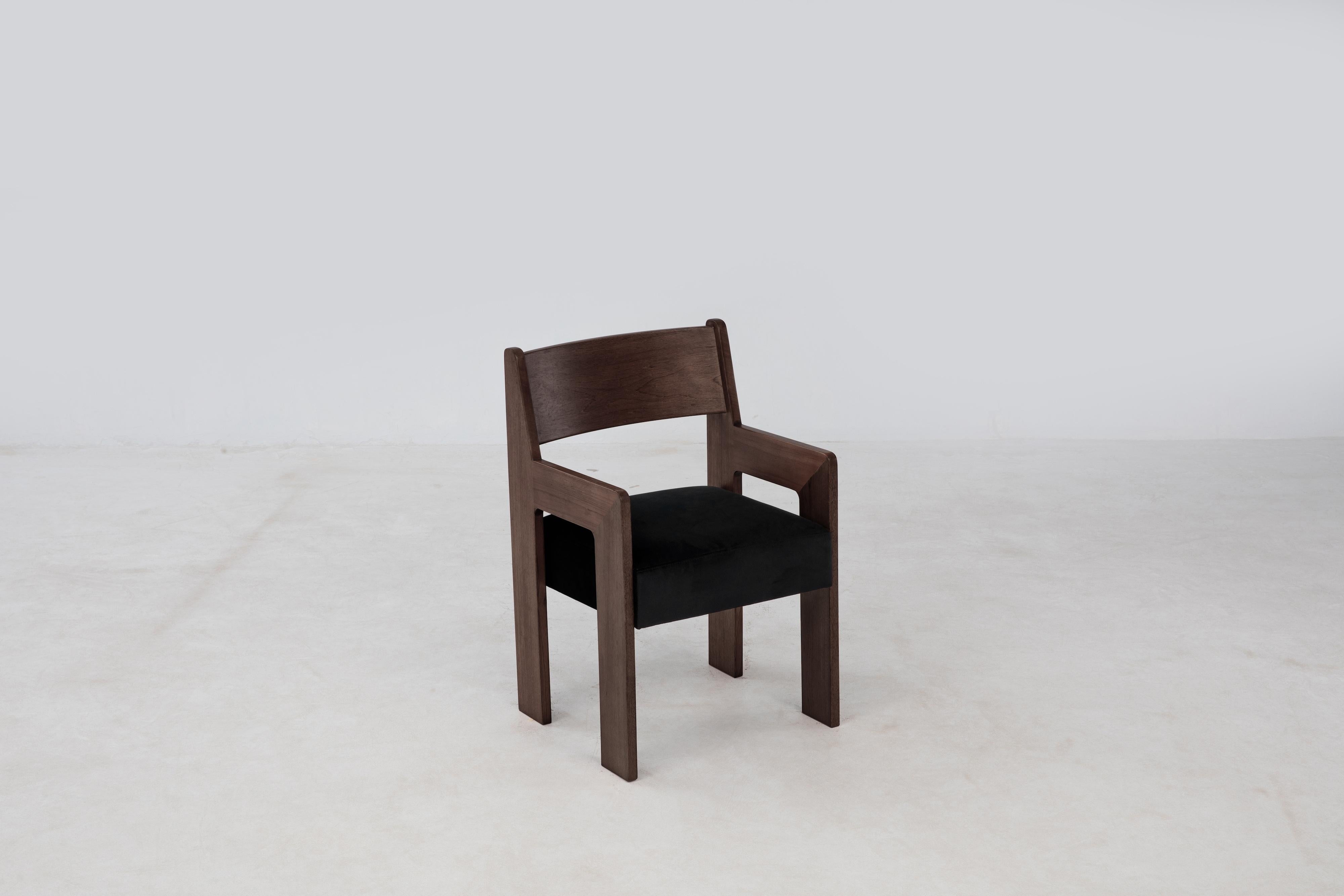 Contemporary Reka Armchair, Minimalist Velvet and Wood Dining Chair in Cocoa/Black For Sale
