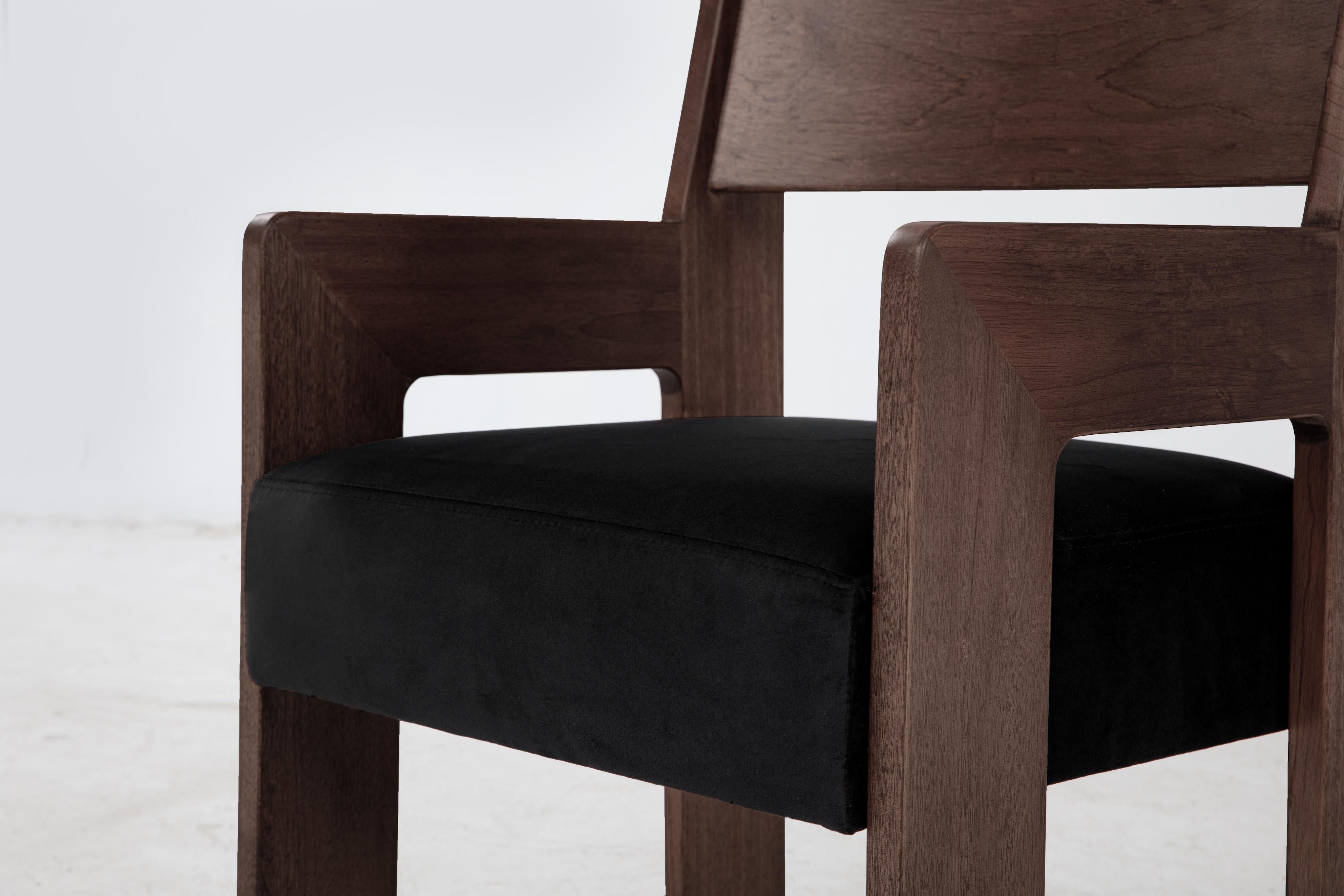 Reka Armchair, Minimalist Velvet and Wood Dining Chair in Cocoa/Black For Sale 1
