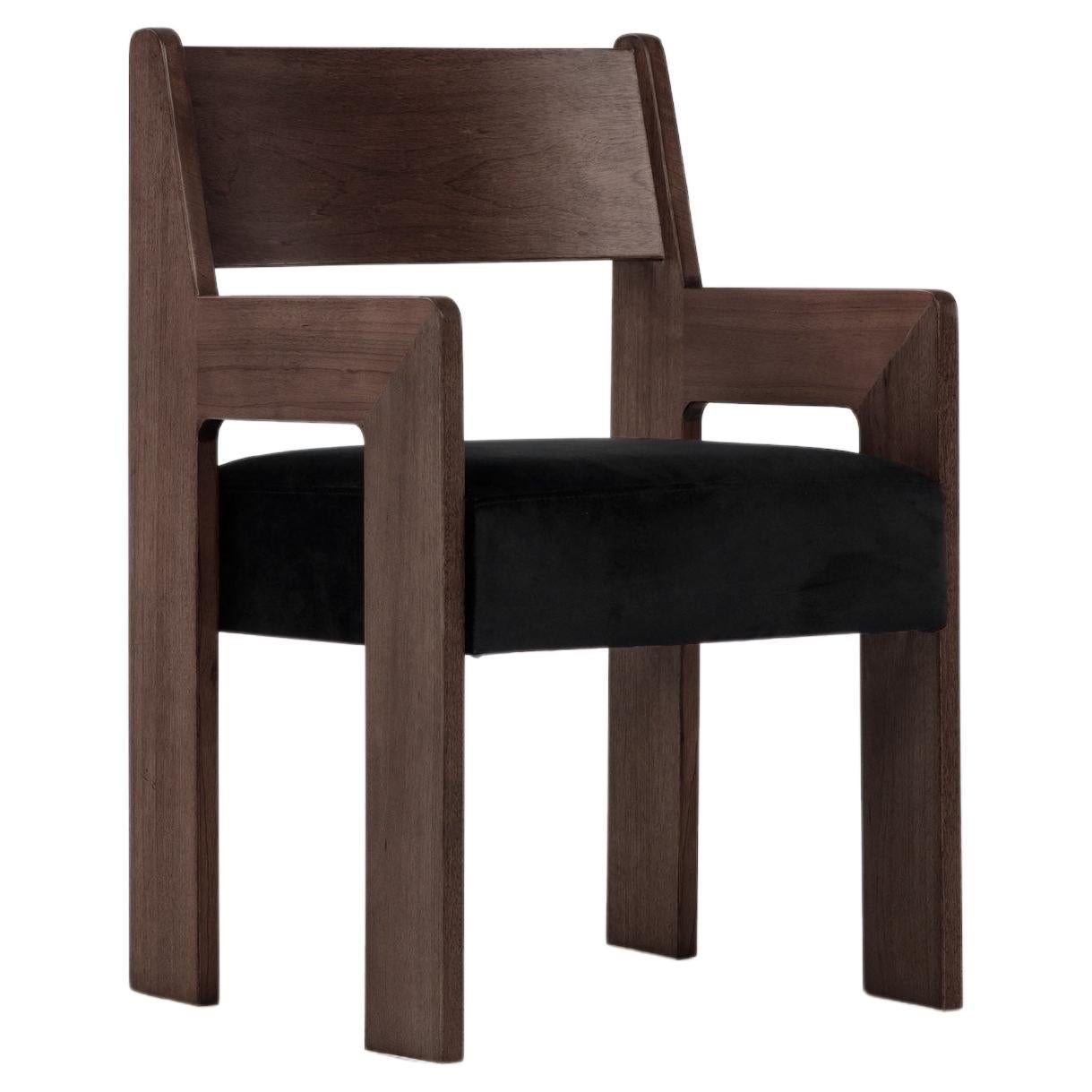 Reka Armchair, Minimalist Velvet and Wood Dining Chair in Cocoa/Black For Sale