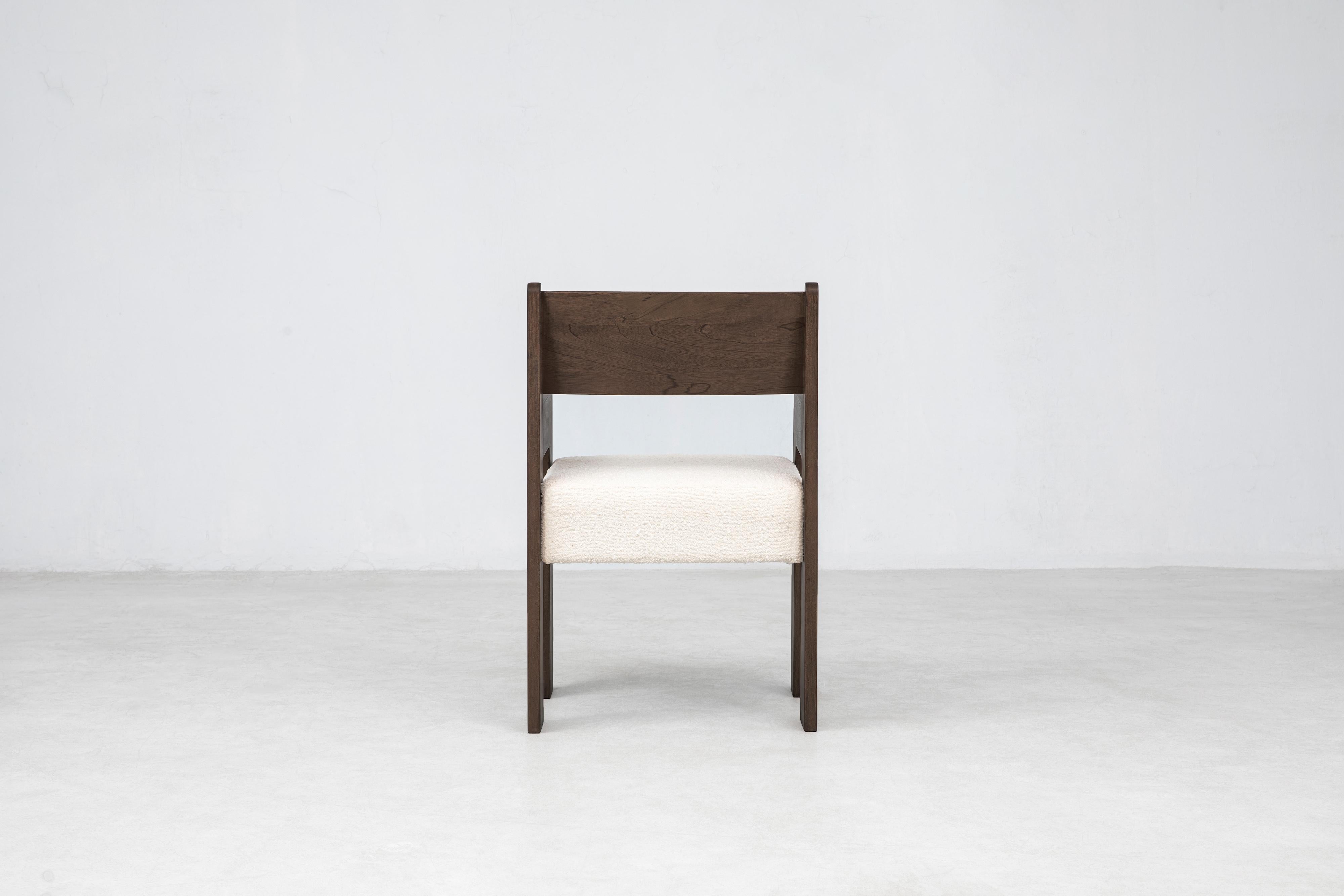 Asian Reka Armchair, Minimalist Velvet and Wood Dining Chair in Cocoa/Cream Bouclé For Sale