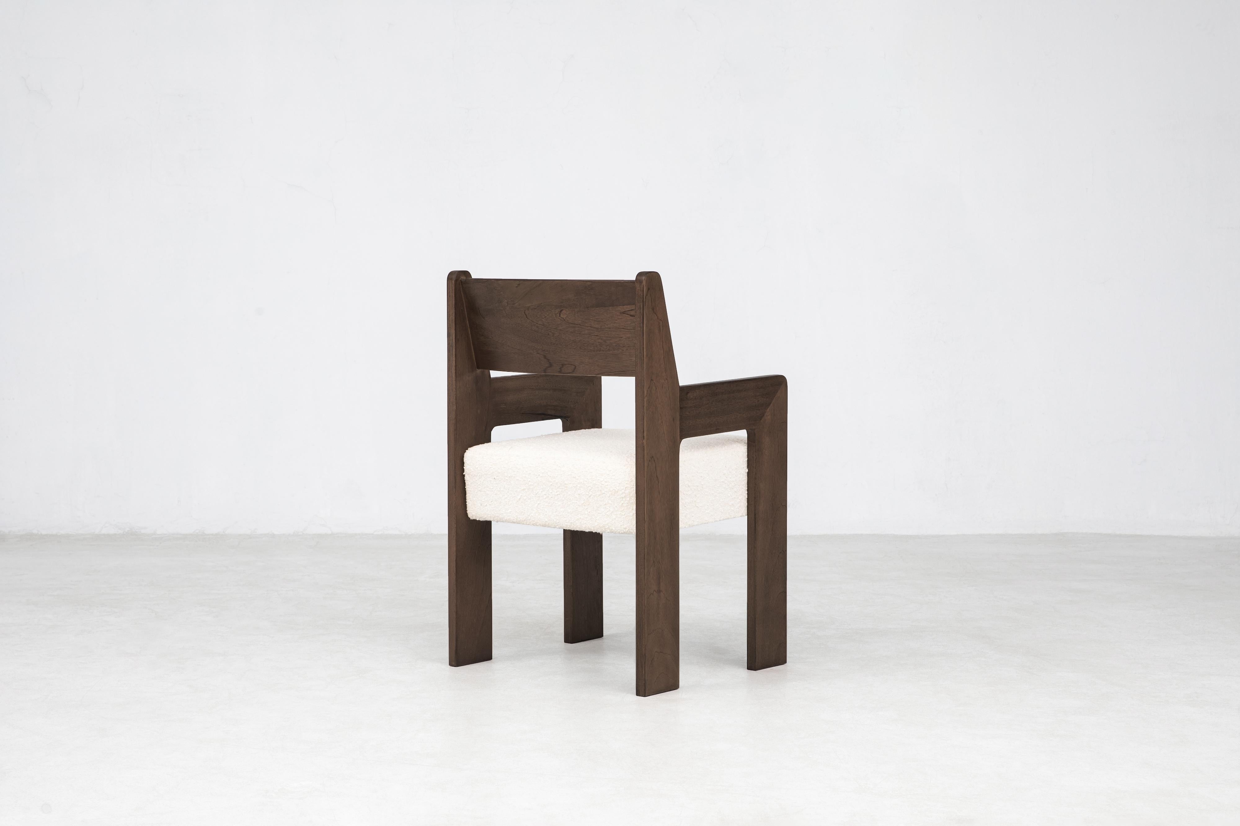 Joinery Reka Armchair, Minimalist Velvet and Wood Dining Chair in Cocoa/Cream Bouclé For Sale