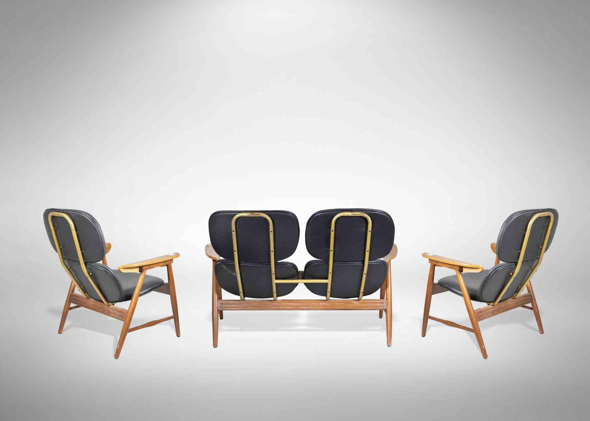 Relax sofa set is a set of tree realized by Marco Zanuso (1916-2001) for Poltronova in 1970s. 

Leather, wood, metal. Ashtrays on arms.

Coach; height 82 cm, lenght 122 cm, depth 70 cm. 

Armchair; height 80 cm, lenght 65 cm, depth 70 cm.