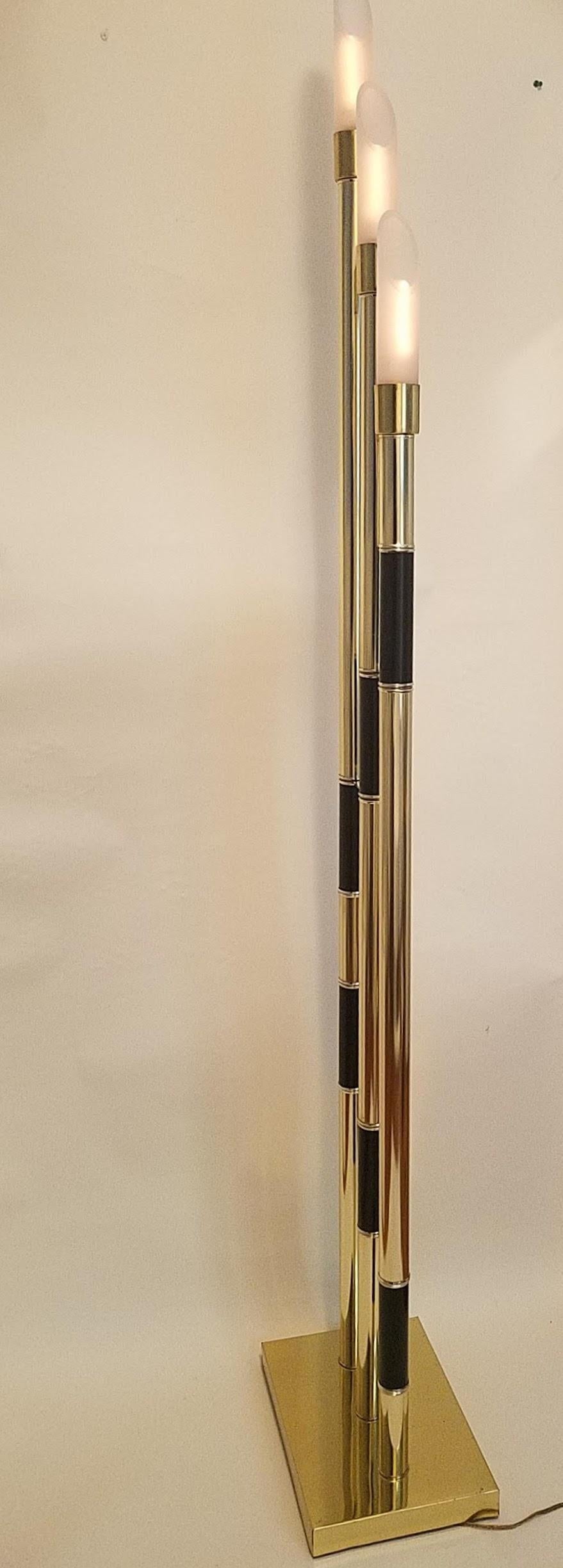 Late 20th Century Relco Italian Triple Tube Brass Frosted Glass Mid Century Floor Lamp 1985 For Sale