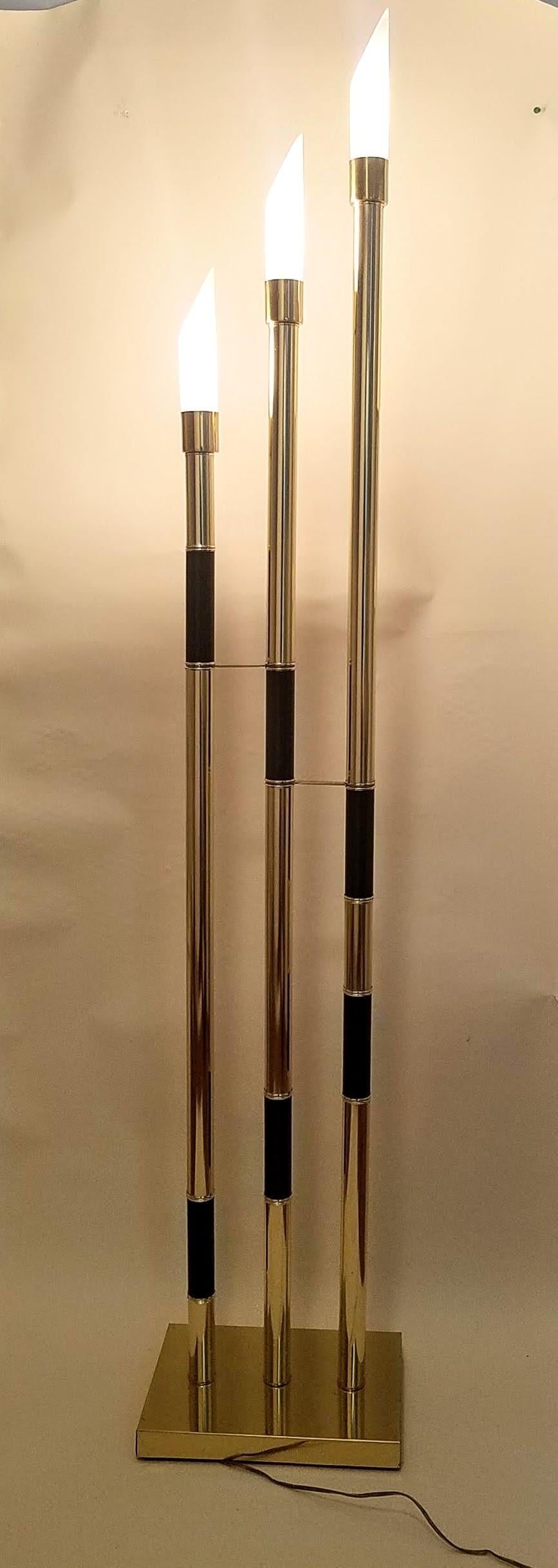 Cast Relco Italian Triple Tube Brass Frosted Glass Mid Century Floor Lamp 1985 For Sale