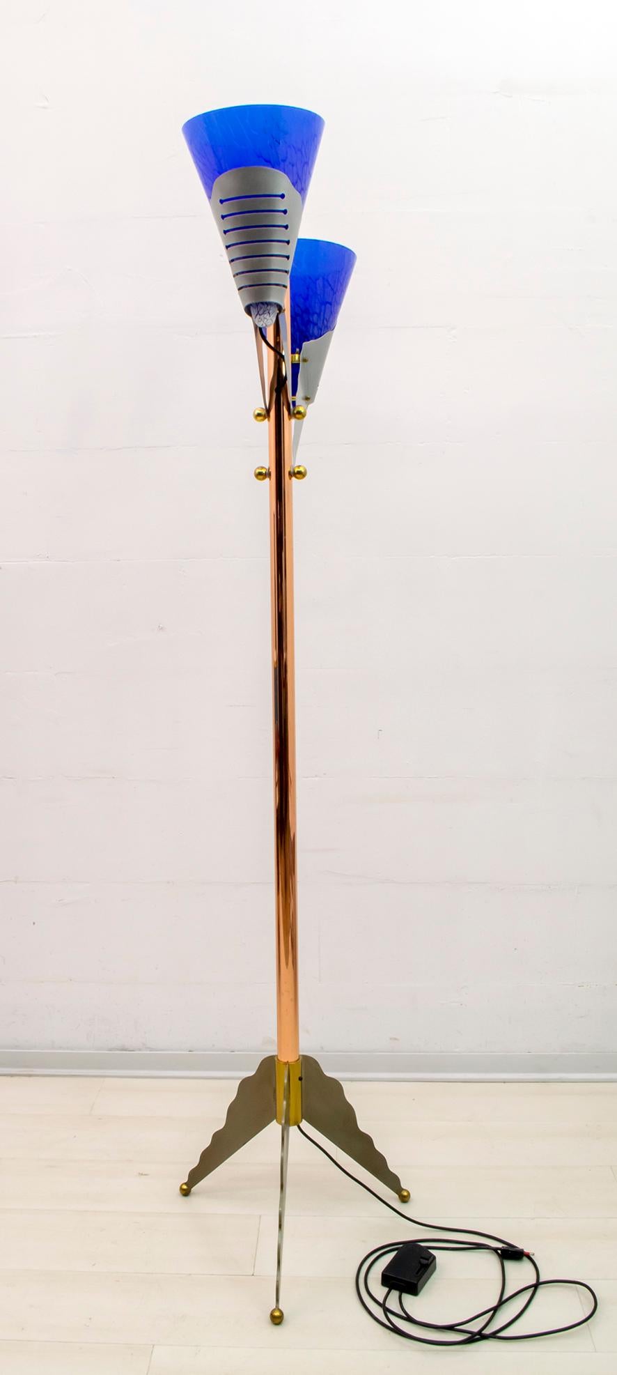 Late 20th Century Relco Milano Modernist Italian Murano Glass and Brass Floor Lamp, 1980s For Sale