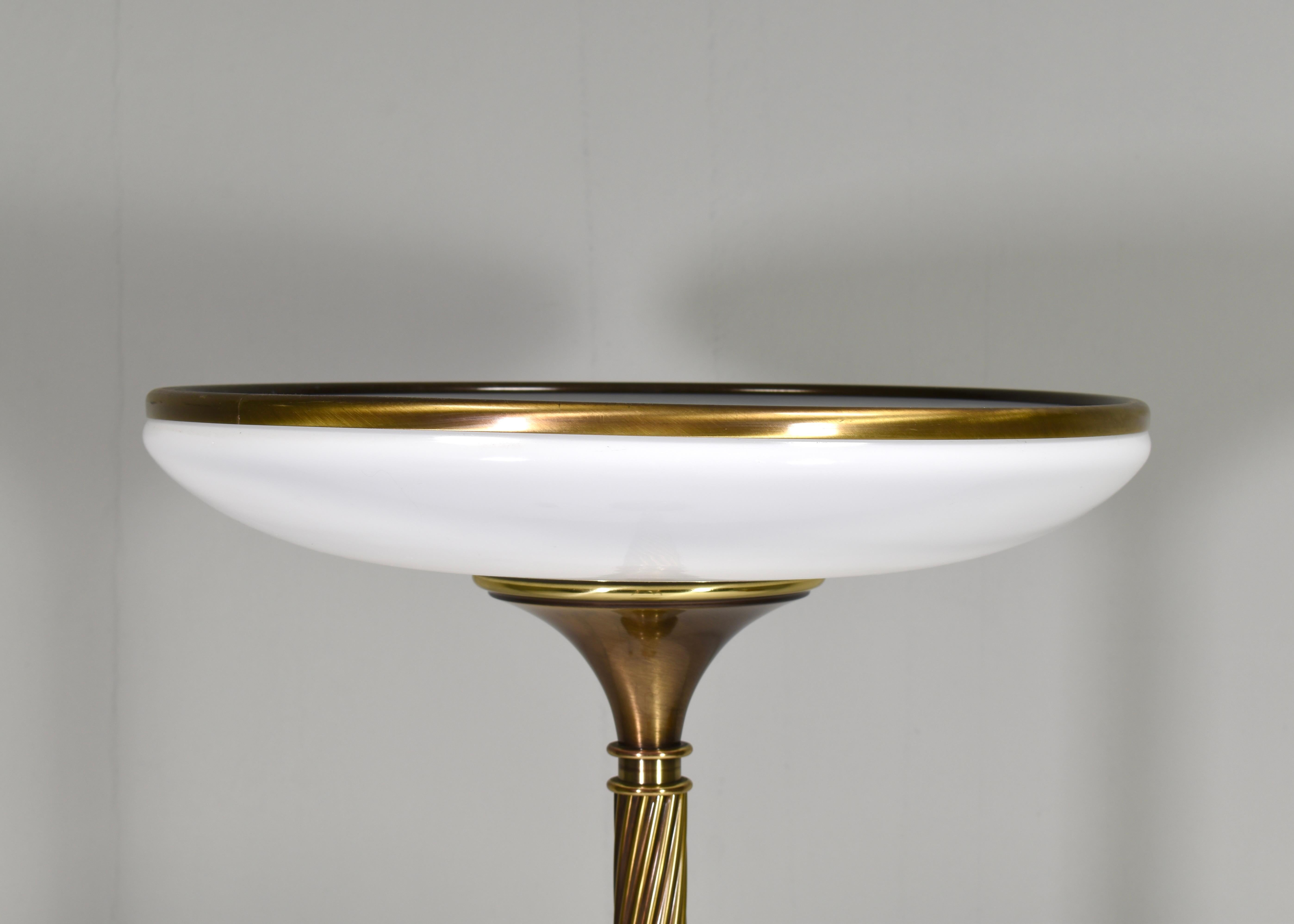 Italian Relco Milano Turned Brass and Opaline Glass Floor Lamp, Italy - circa 1970 For Sale