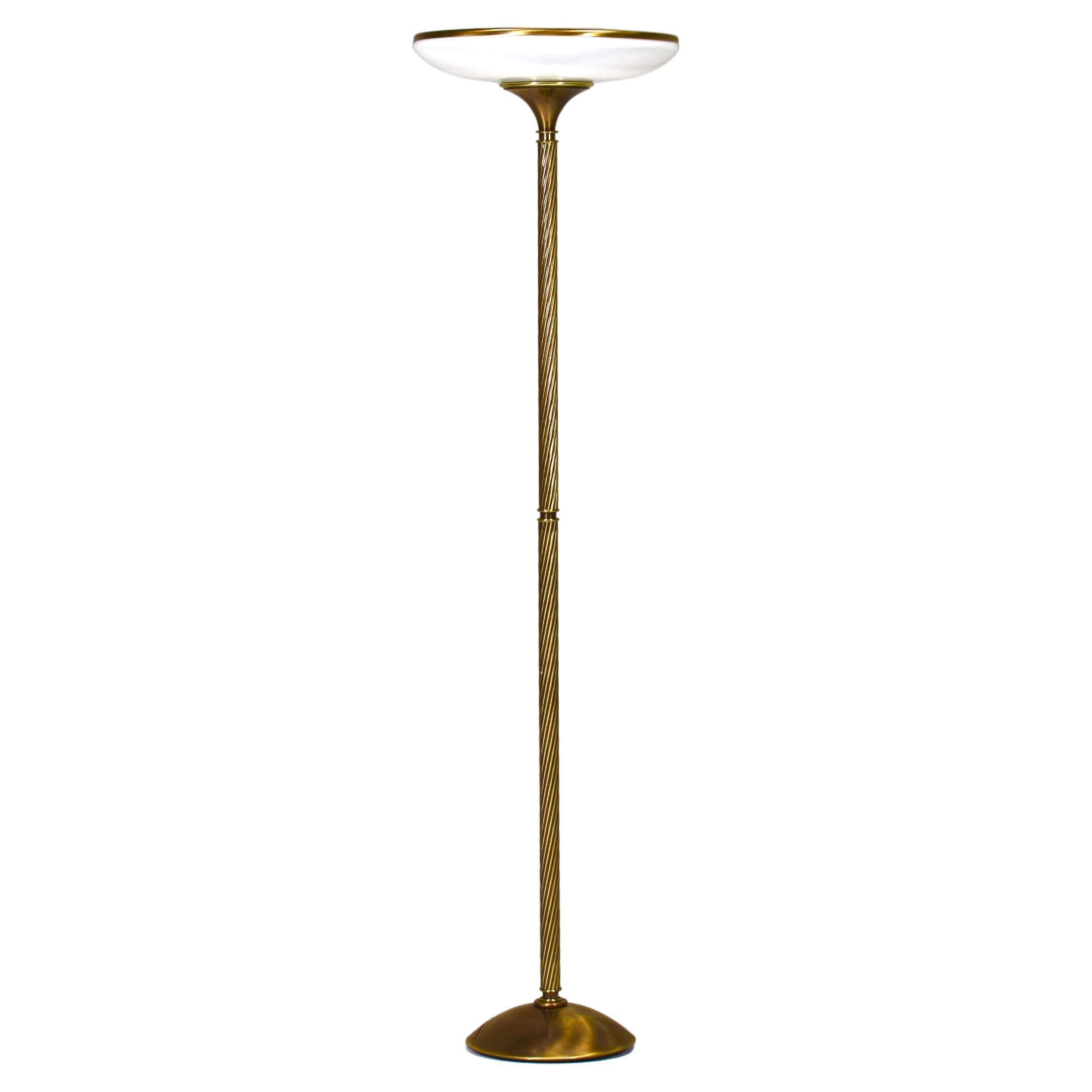 Relco Milano Turned Brass and Opaline Glass Floor Lamp, Italy - circa 1970 For Sale