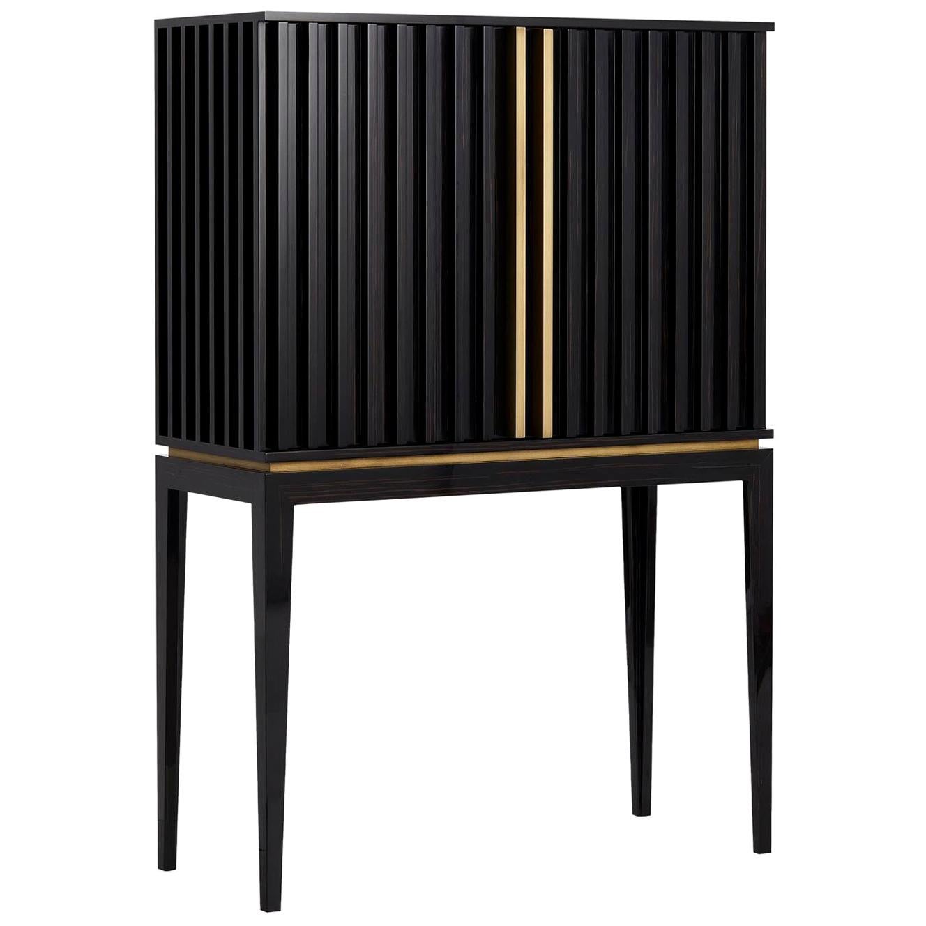 RELEVO Bar Cabinet in Ebony Makassar Structure and Antique Brass Handles