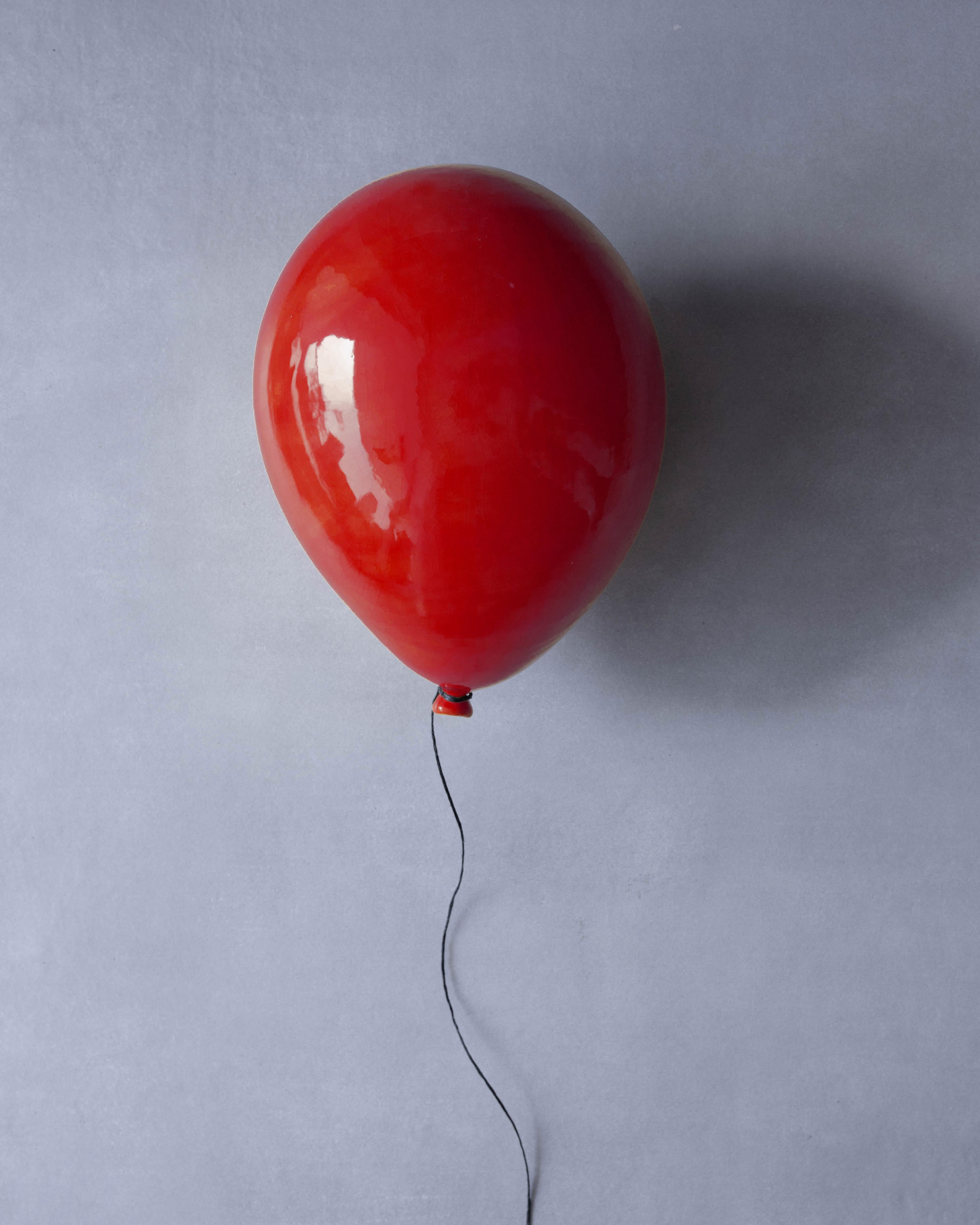 Valentines Deep Red glossy ceramic balloon sculpture handmade for wall, ceiling