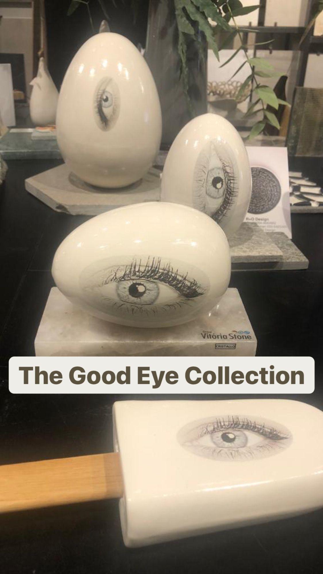 Good eye ceramic egg sculpture, Pair of 2 eggs. One standing and one lying down - Sculpture by Reli Smith and Osnat Yaffe Zimmerman