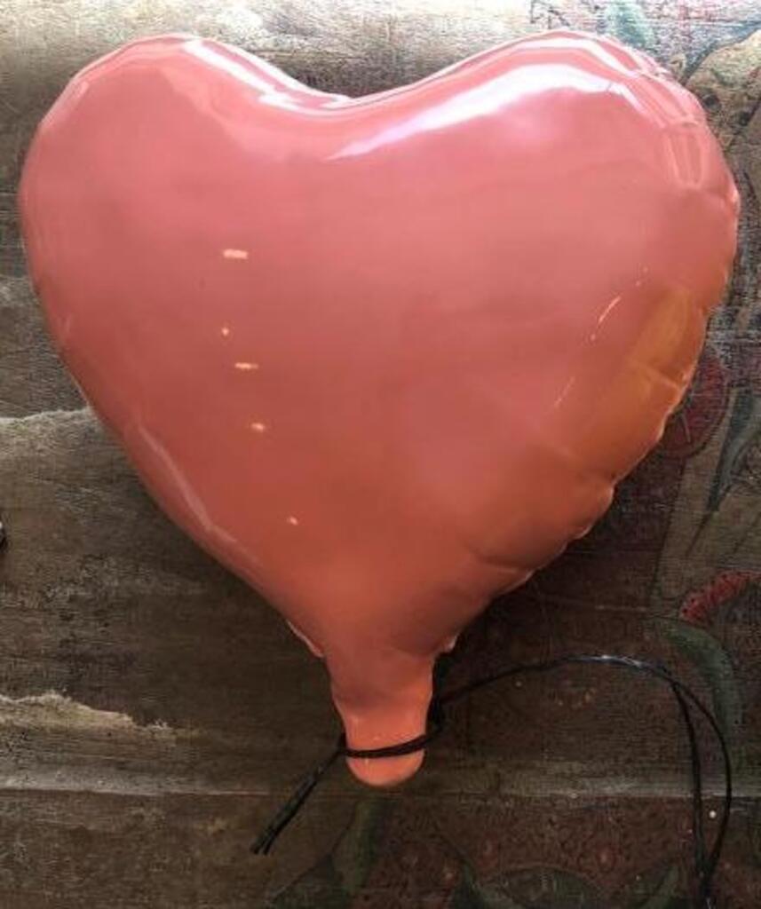 Pink glossy ceramic heart balloon sculpture handmade for wall, Valentines