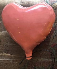 Pink glossy ceramic heart balloon sculpture handmade for wall installation