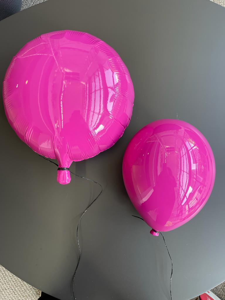 Pink glossy ceramic helium balloon sculpture handmade for wall installation - Gray Figurative Sculpture by Reli Smith and Osnat Yaffe Zimmerman