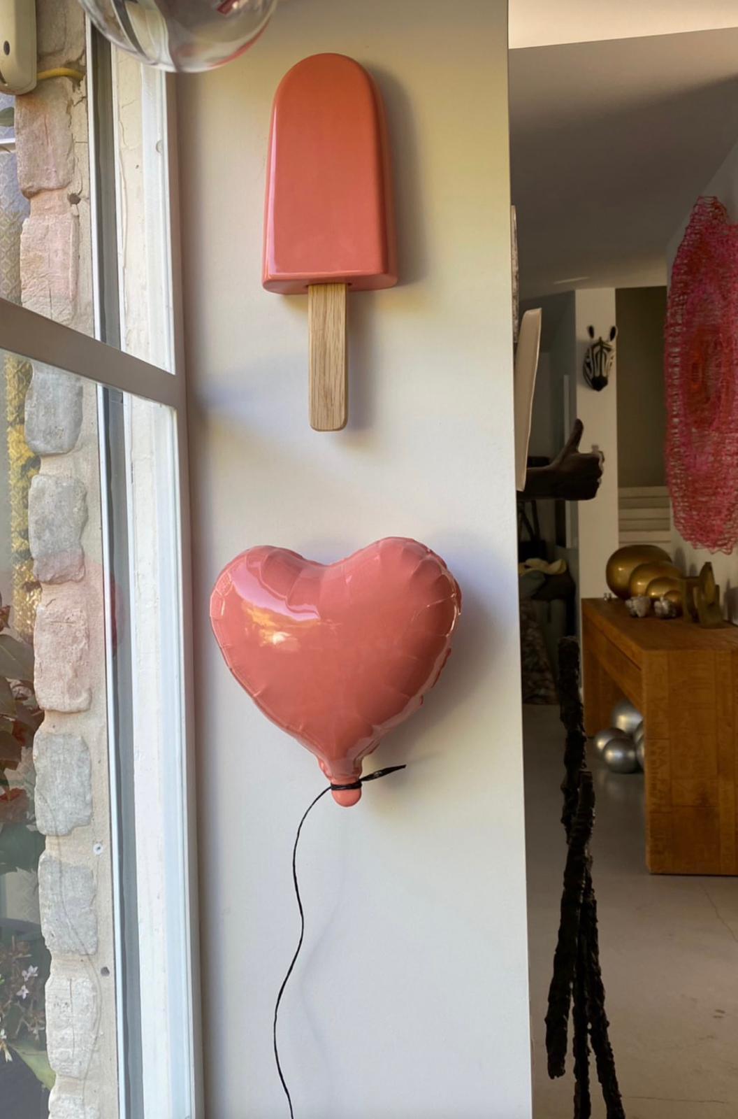 Red glossy ceramic heart balloon sculpture handmade for wall, Valentines - Sculpture by Reli Smith and Osnat Yaffe Zimmerman