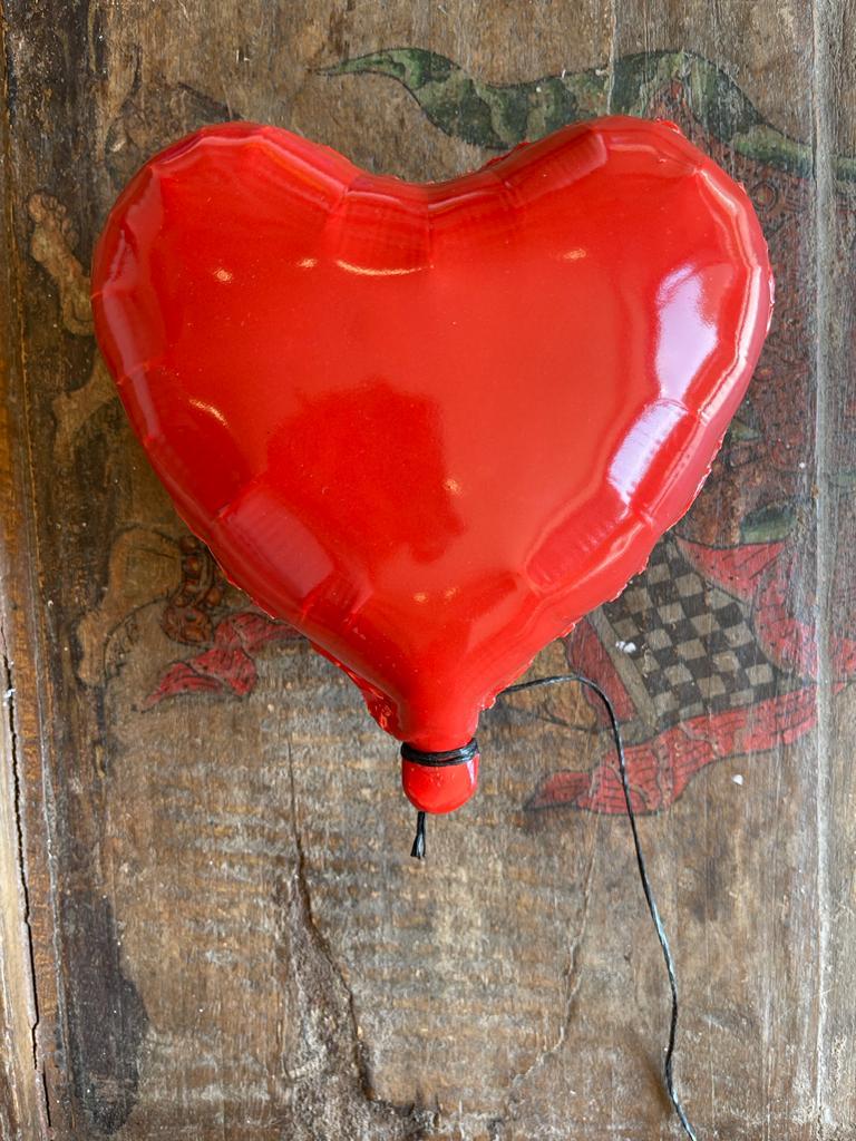 Red glossy ceramic heart balloon sculpture handmade for wall installation
