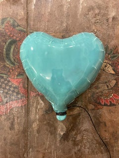 Turquoise  glossy ceramic heart balloon sculpture handmade for wall installation