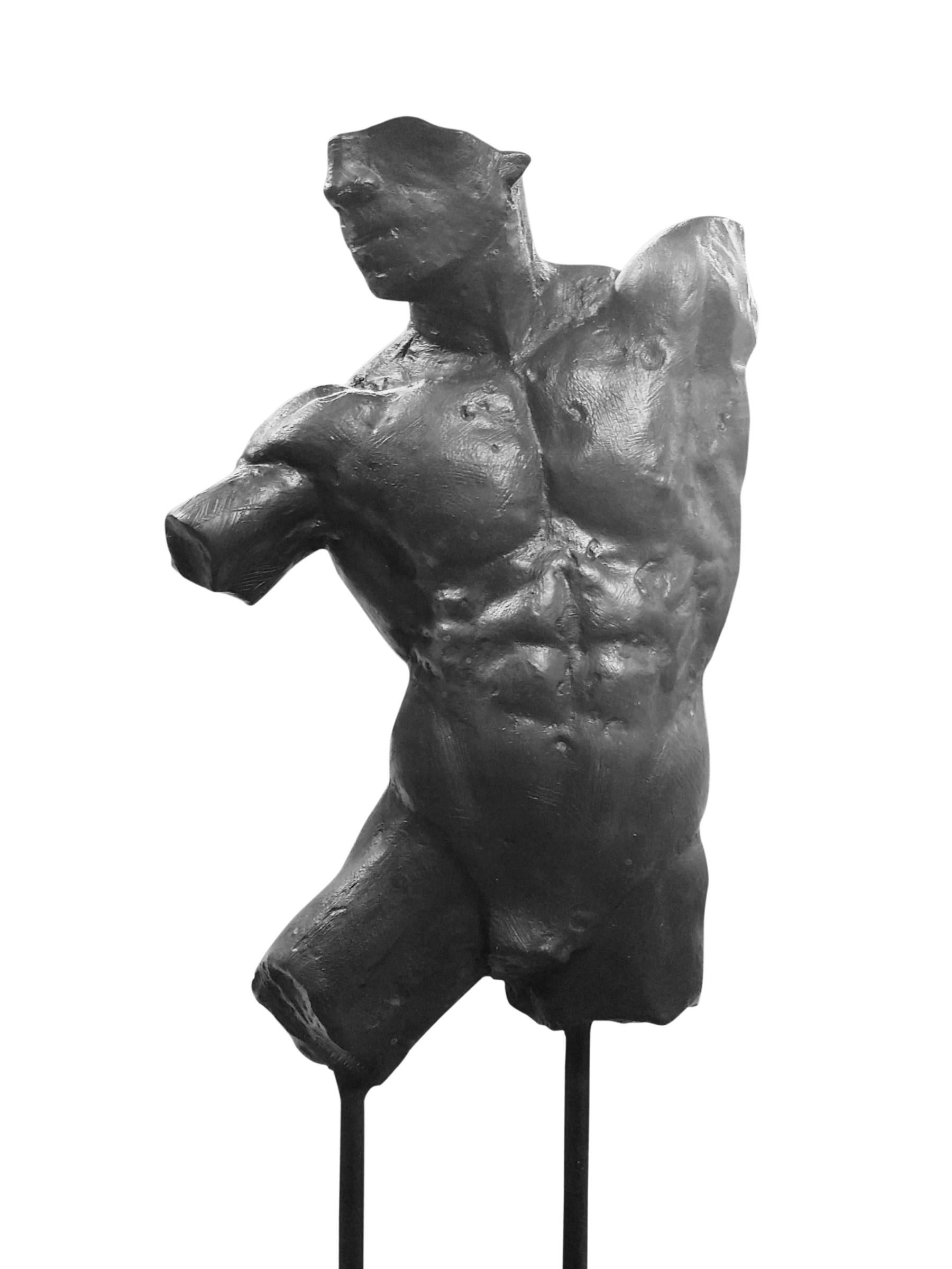 This is an extraordinary bronze sculpture of a Classic male nude fragment by artist Dean Kugler. Attention to detail and complete understanding of the human figure are evident. The sculpture is beautifully custom mounted on a steel and stone