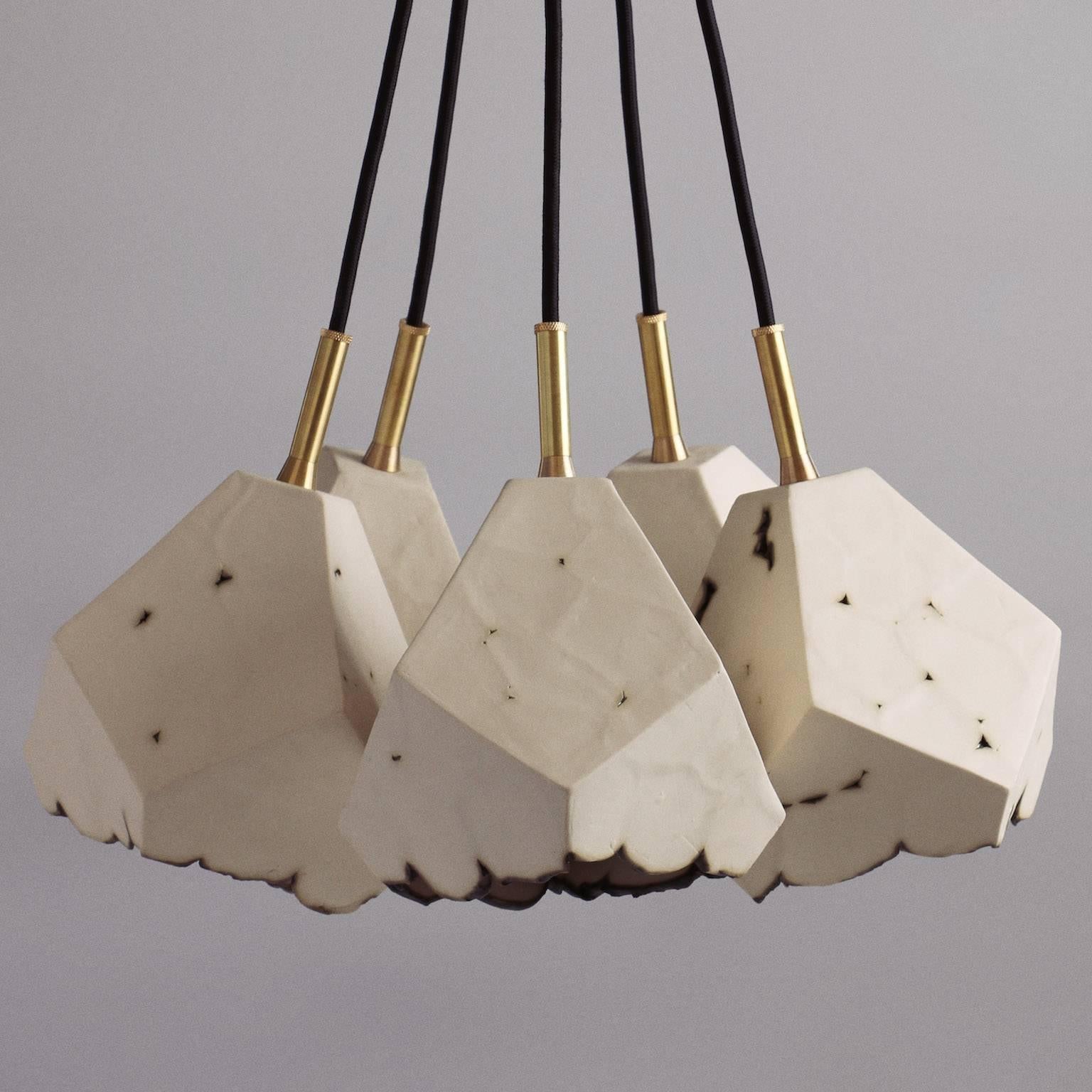 Modern Relic 5 - Geometric White Porcelain and Brass Chandelier For Sale