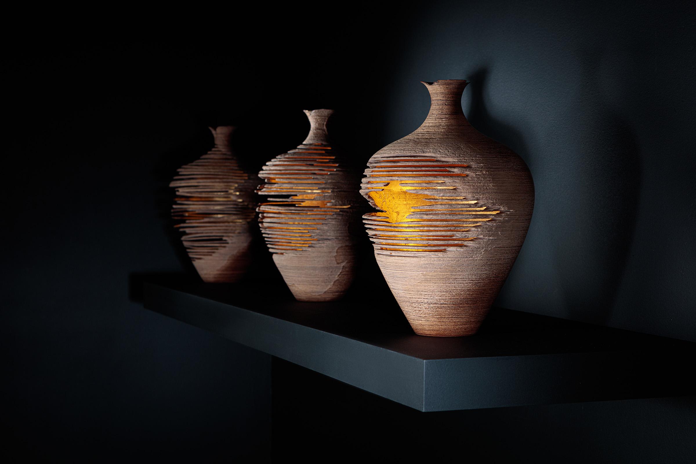 Hand-Carved Relic Vessels Triptych - Ash & Rose Gold by Marc Fish For Sale