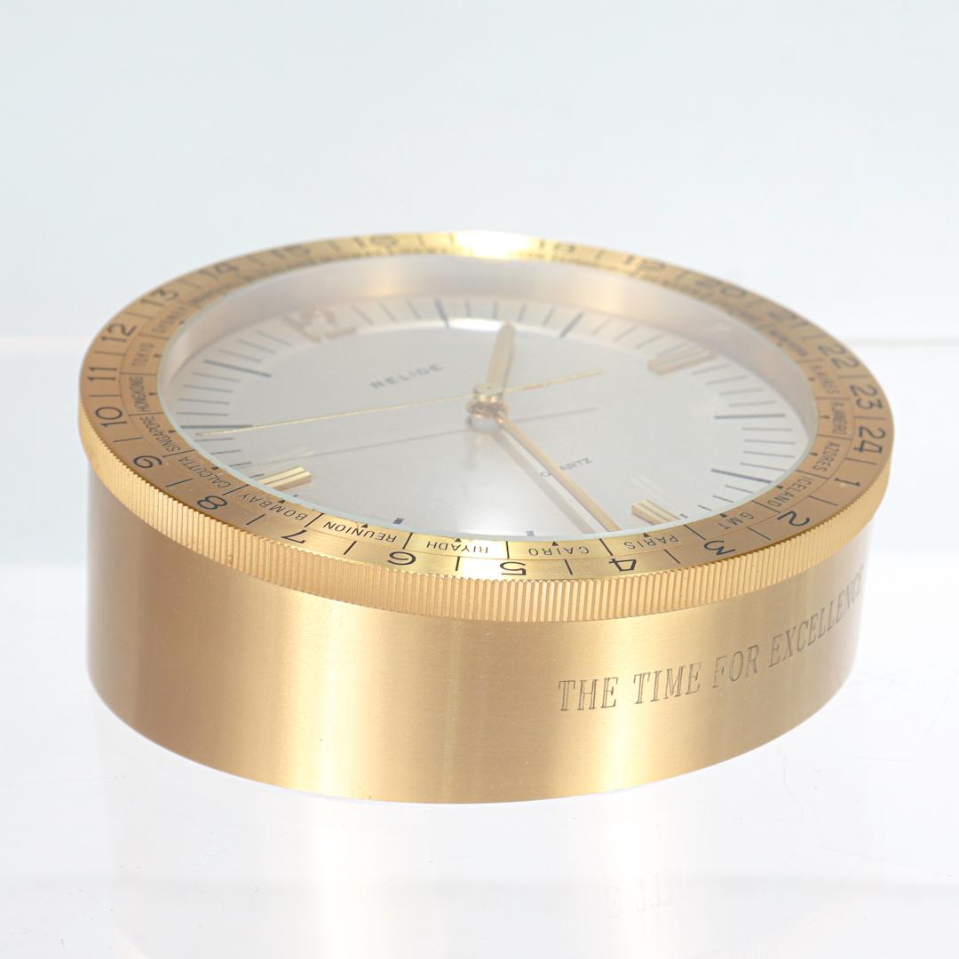 Relide Mid-Century Modern Brass Desk Sized Quartz World Clock For Sale 2