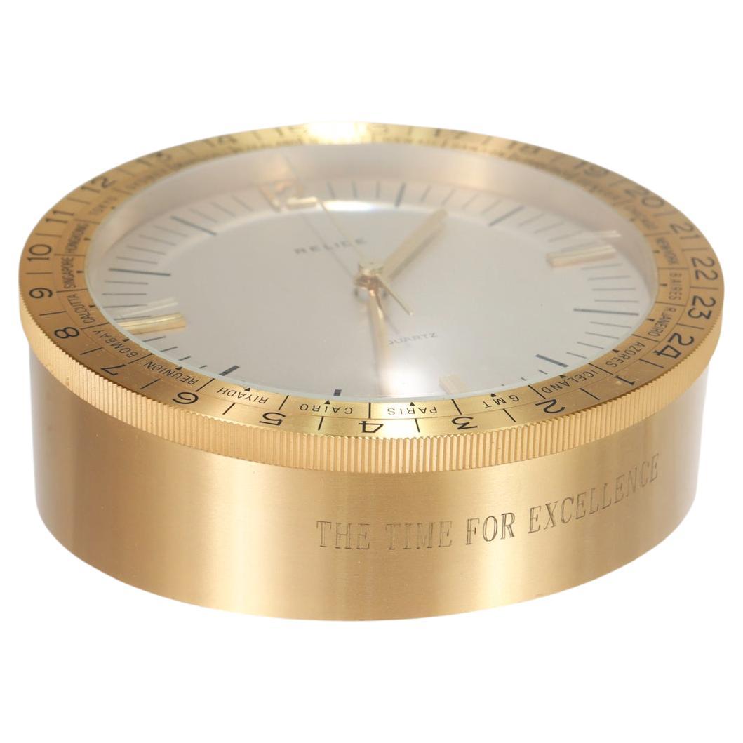Relide Mid-Century Modern Brass Desk Sized Quartz World Clock For Sale