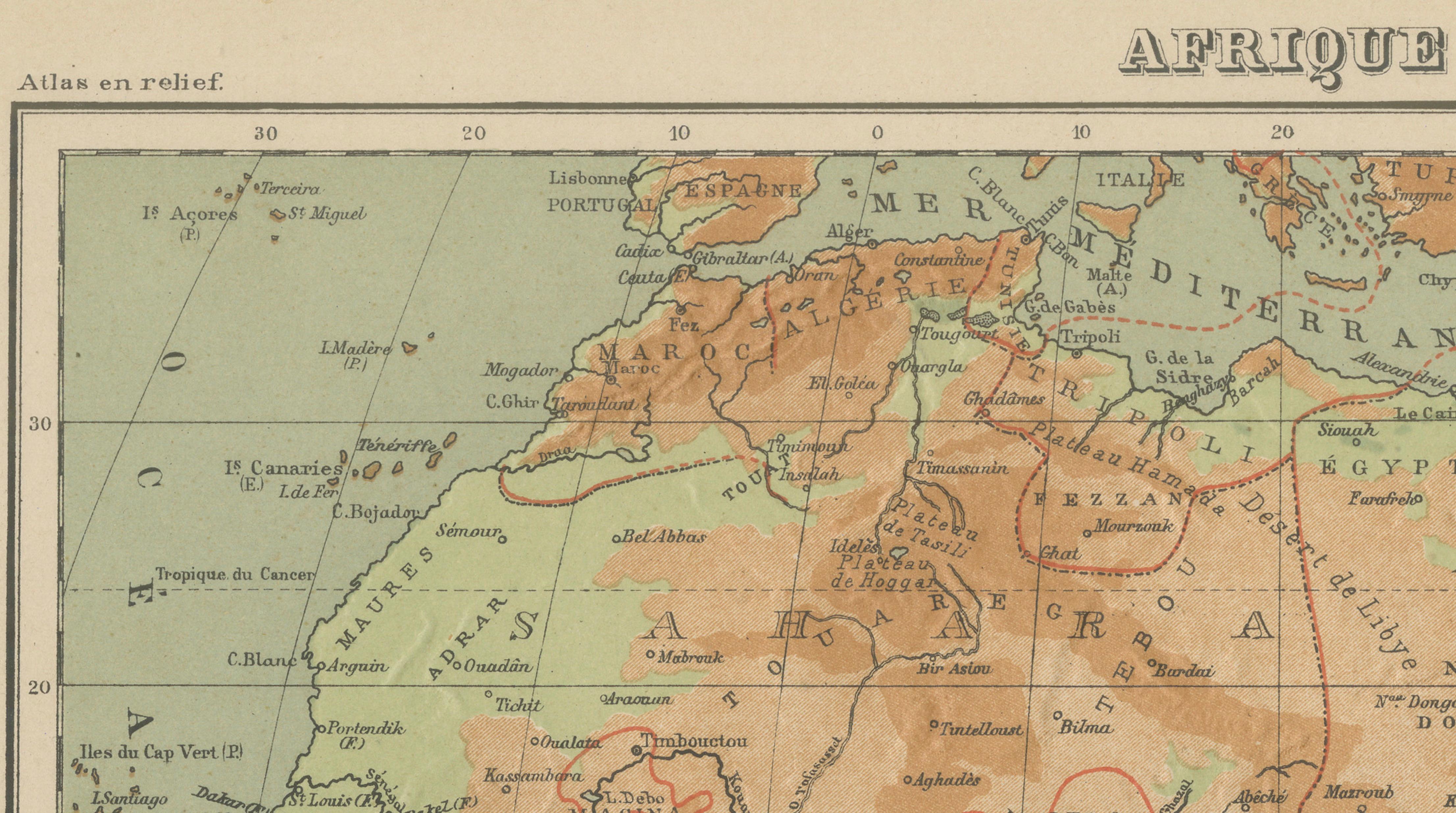 Papier Atlas en relief de l'Afrique par Hachette - Antique c.1883 French Map en vente