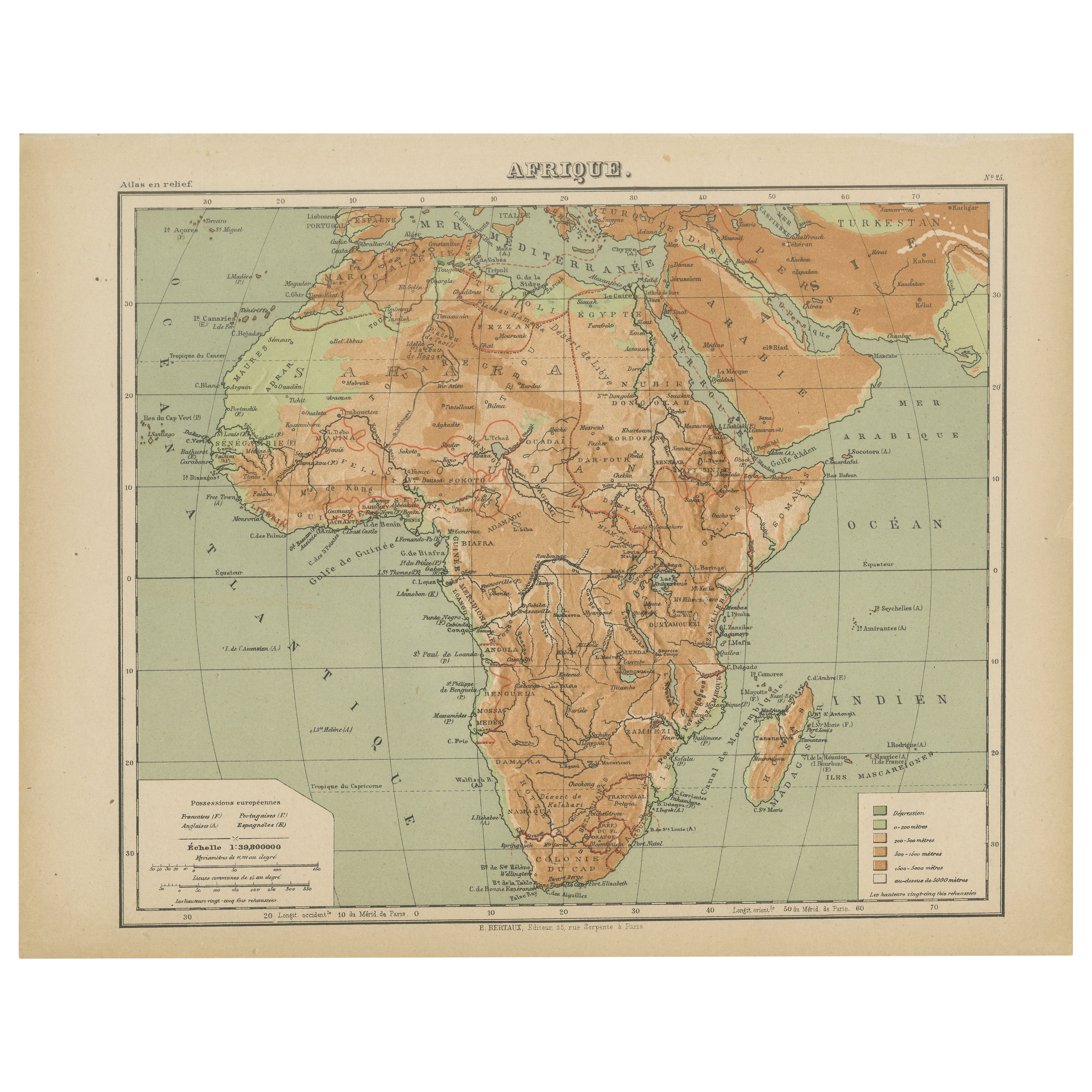 Atlas en relief de l'Afrique par Hachette - Antique c.1883 French Map en vente