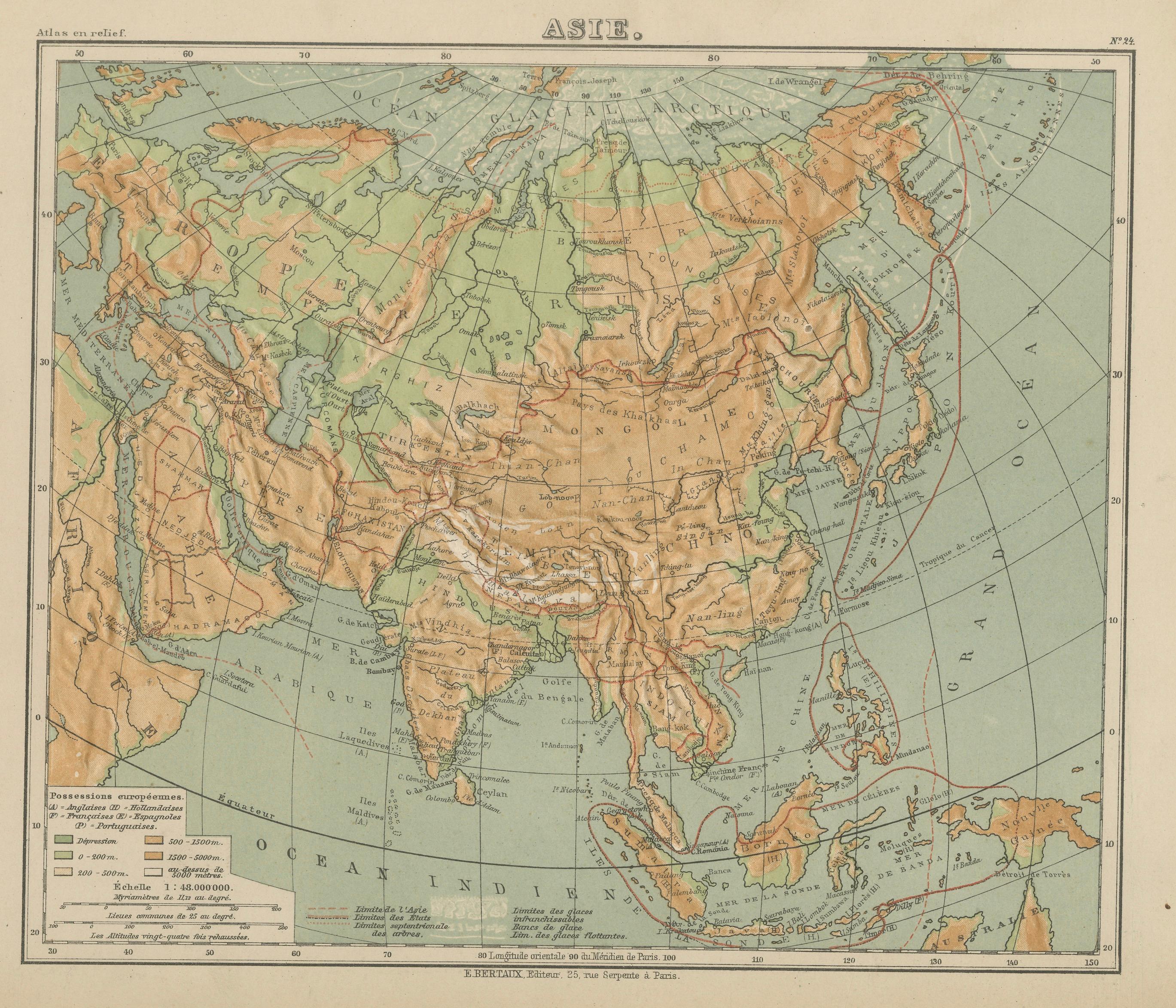 Carte ancienne de l'Asie - Carte de l'Atlas en relief par Hachette, circa 1883

Description :
Cette carte ancienne intitulée 