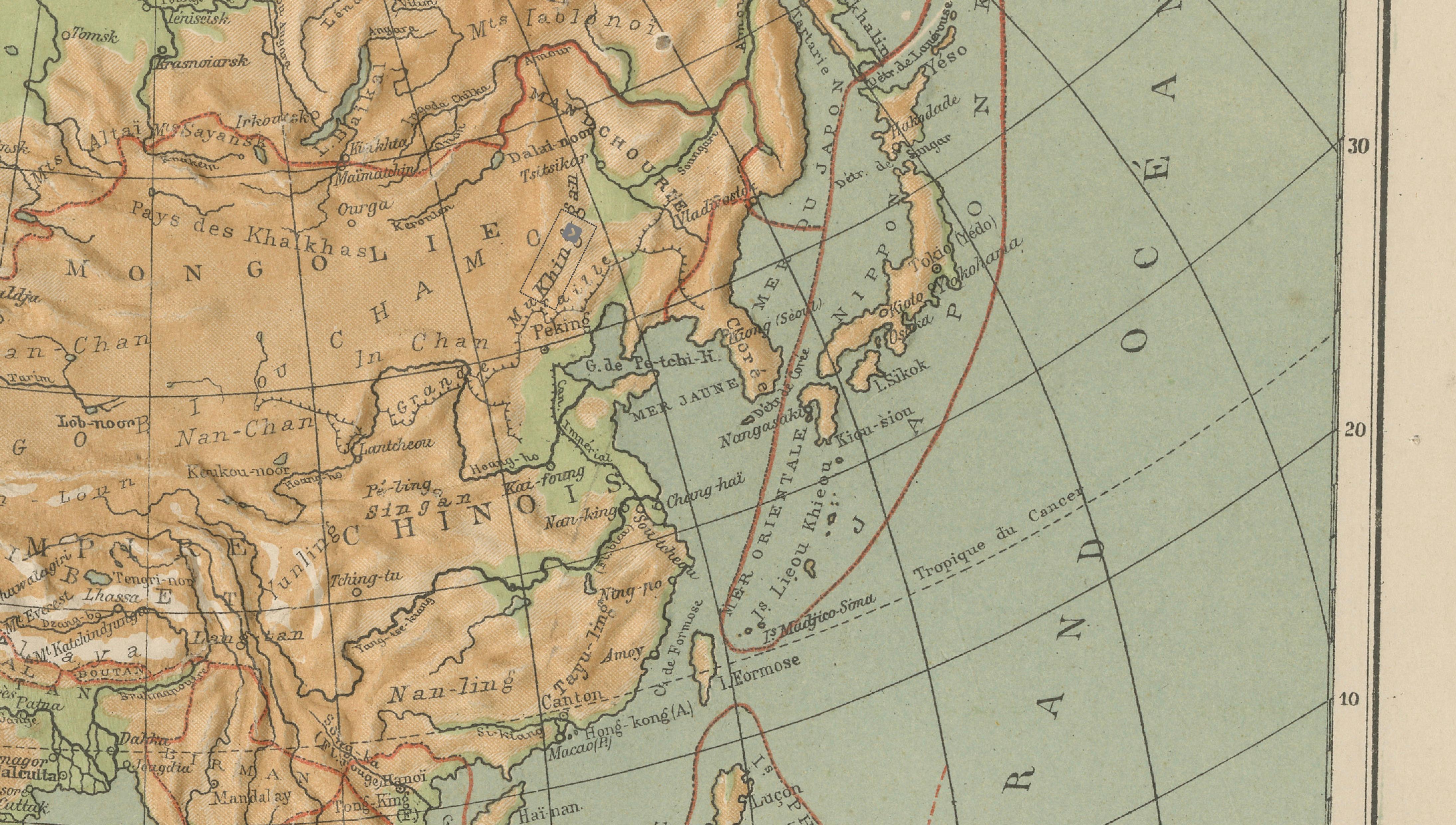 Atlas en relief de l'Asie par Hachette - Carte Antique French, circa 1883 Bon état - En vente à Langweer, NL