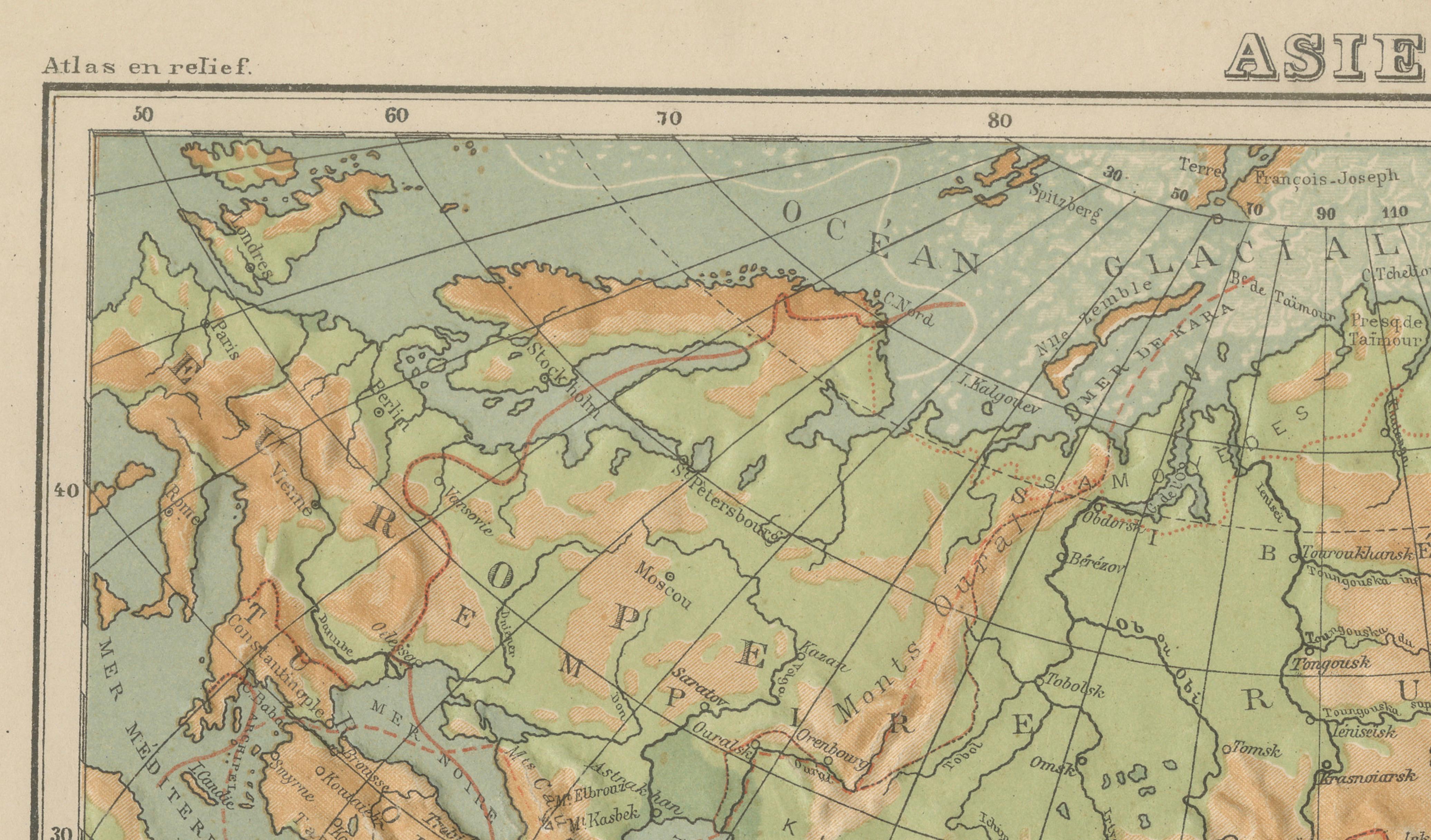 Papier Atlas en relief de l'Asie par Hachette - Carte Antique French, circa 1883 en vente